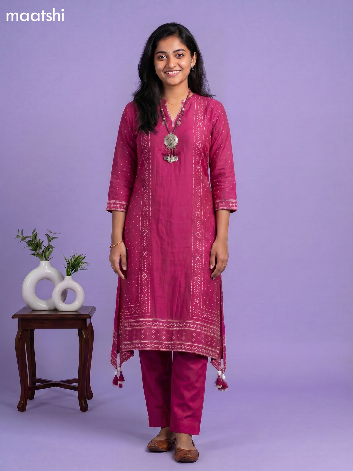 Magenta Pink Art Tussar Bandhini Printed Fish Cut Kurti Set