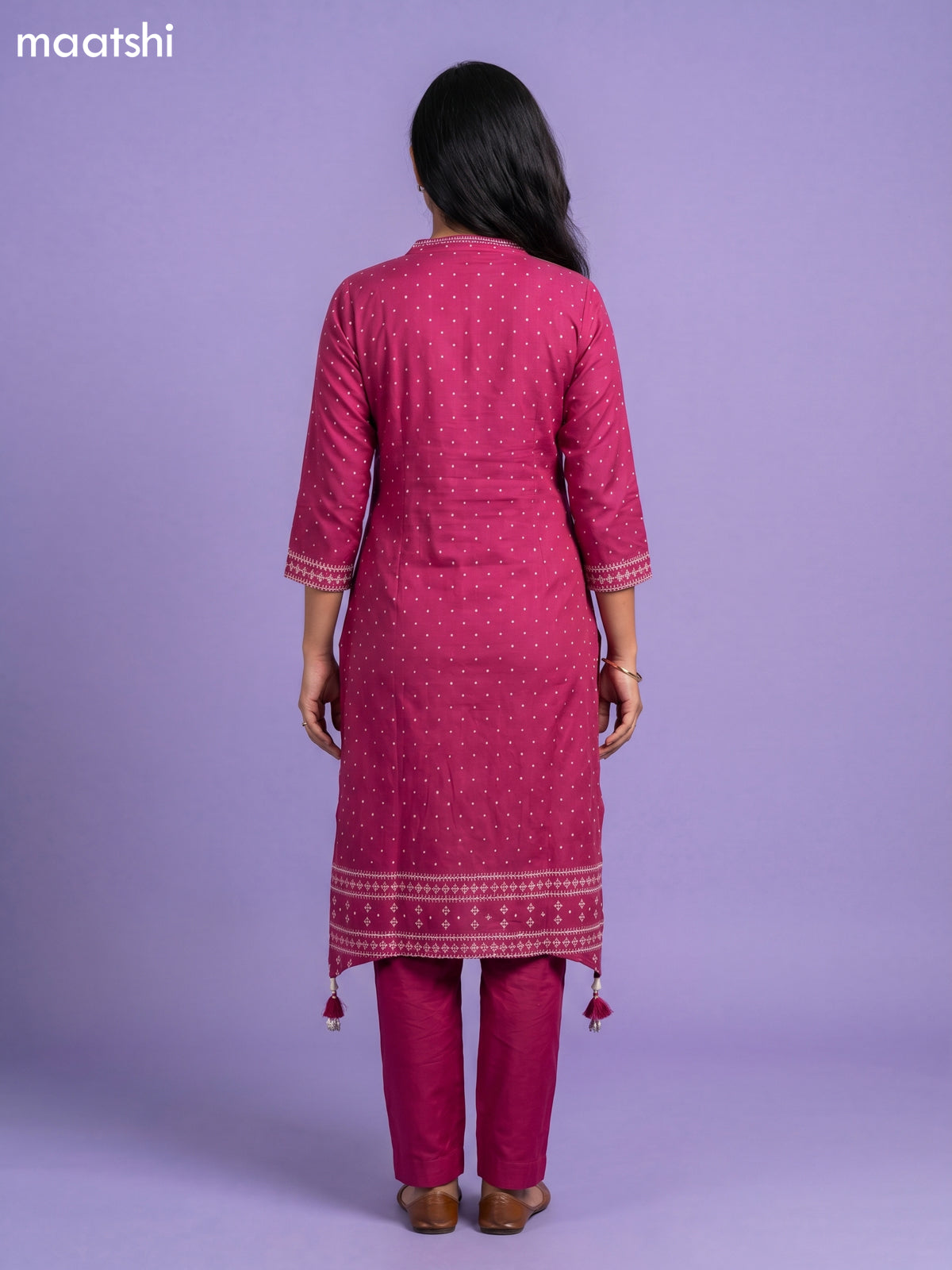 Magenta Pink Art Tussar Bandhini Printed Fish Cut Kurti Set
