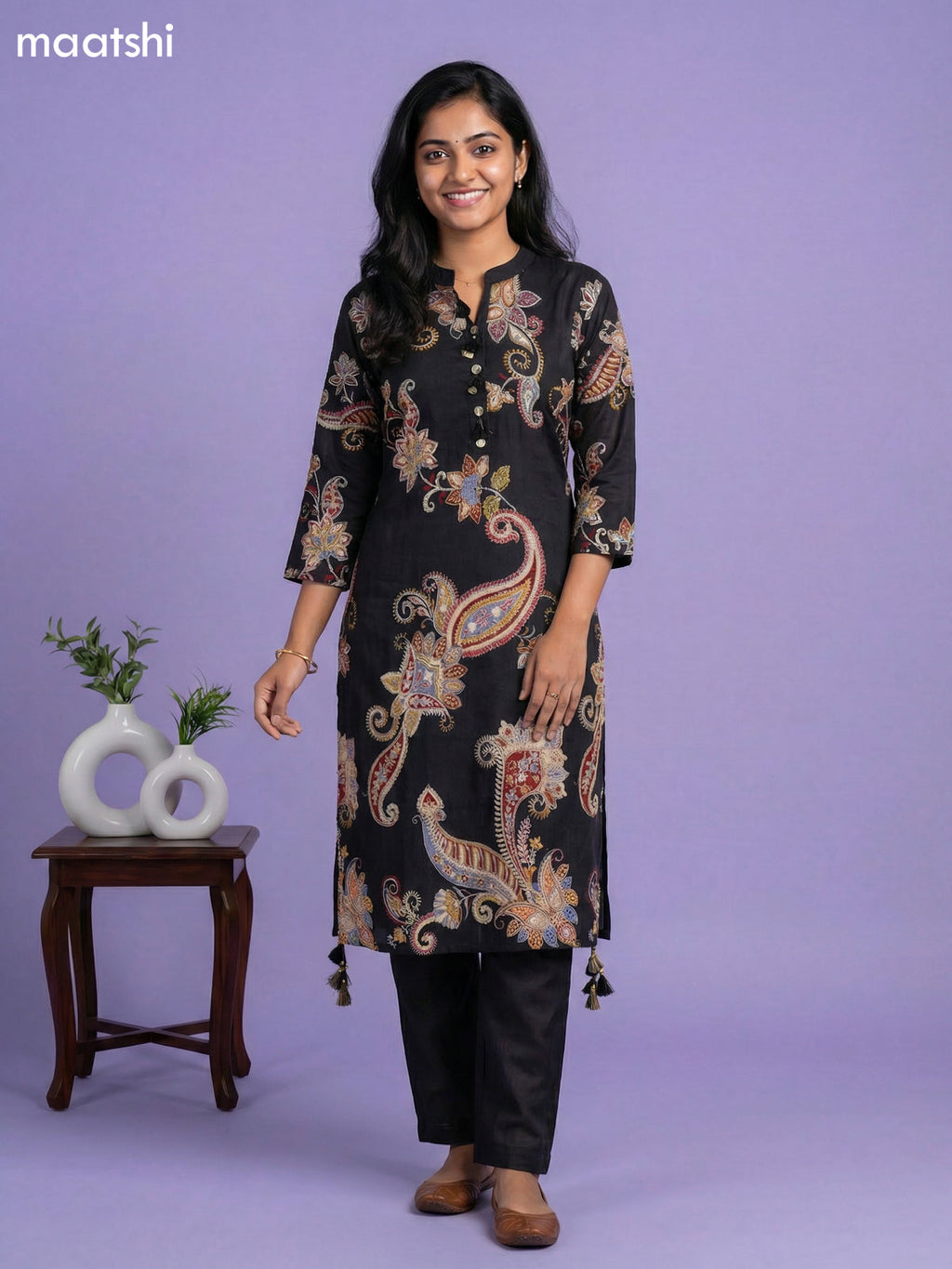 Black and Multi Colour Art Tussar Printed Fish Cut Kurti Set