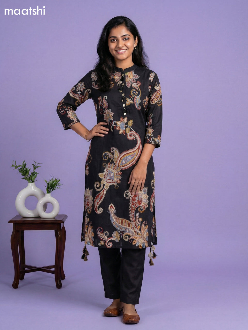 Black and Multi Colour Art Tussar Printed Fish Cut Kurti Set