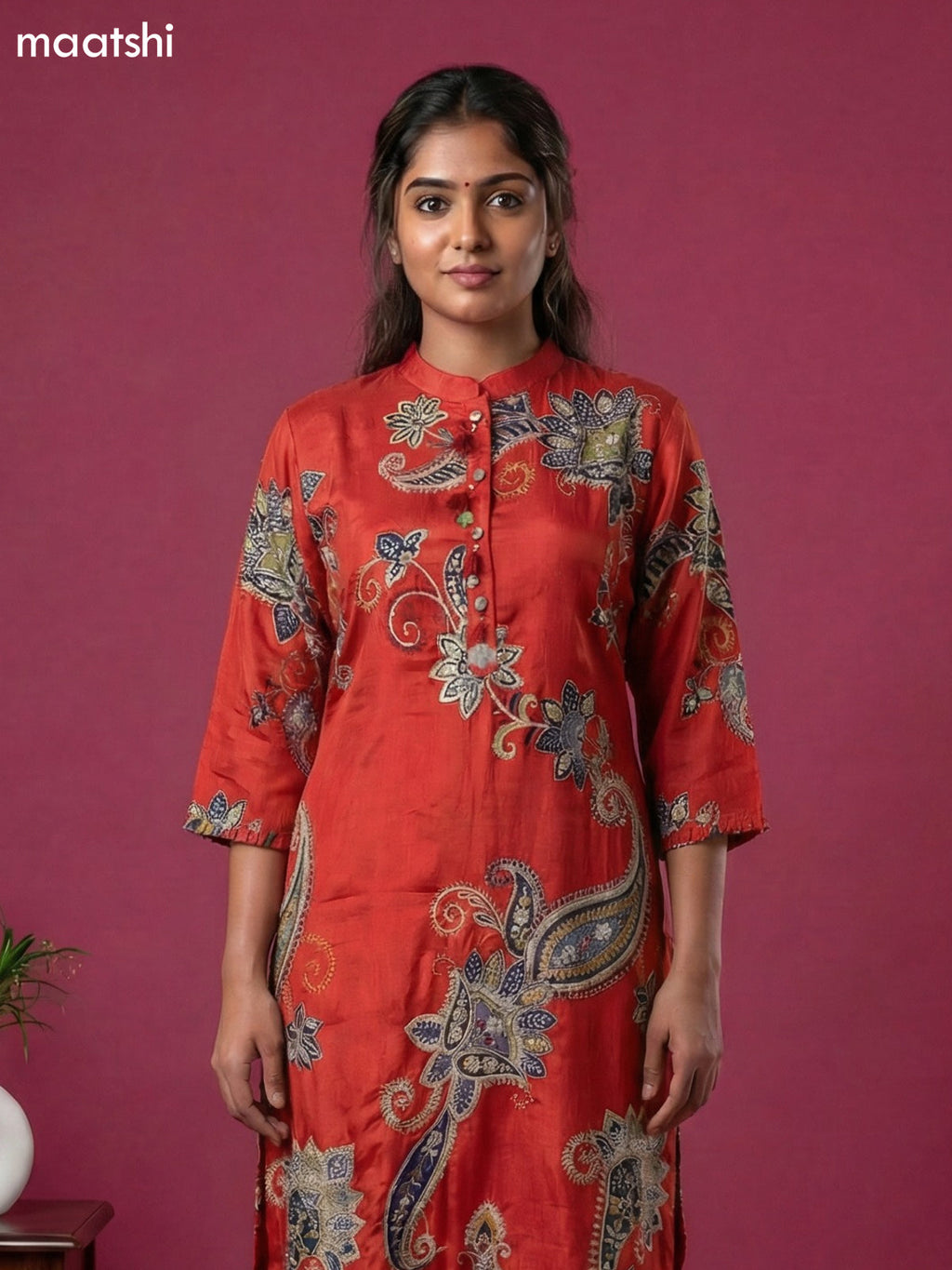 Rustic Orange Art Tussar Printed Fish Cut Kurti Set