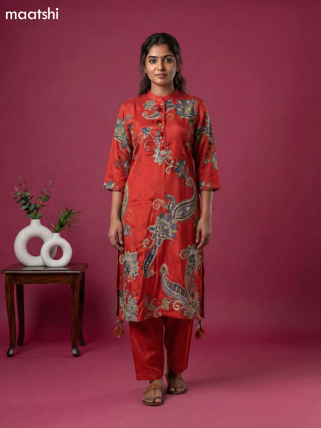 Rustic Orange Art Tussar Printed Fish Cut Kurti Set