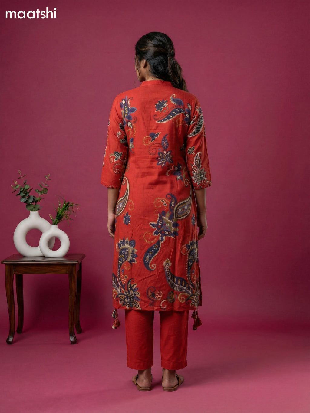 Rustic Orange Art Tussar Printed Fish Cut Kurti Set