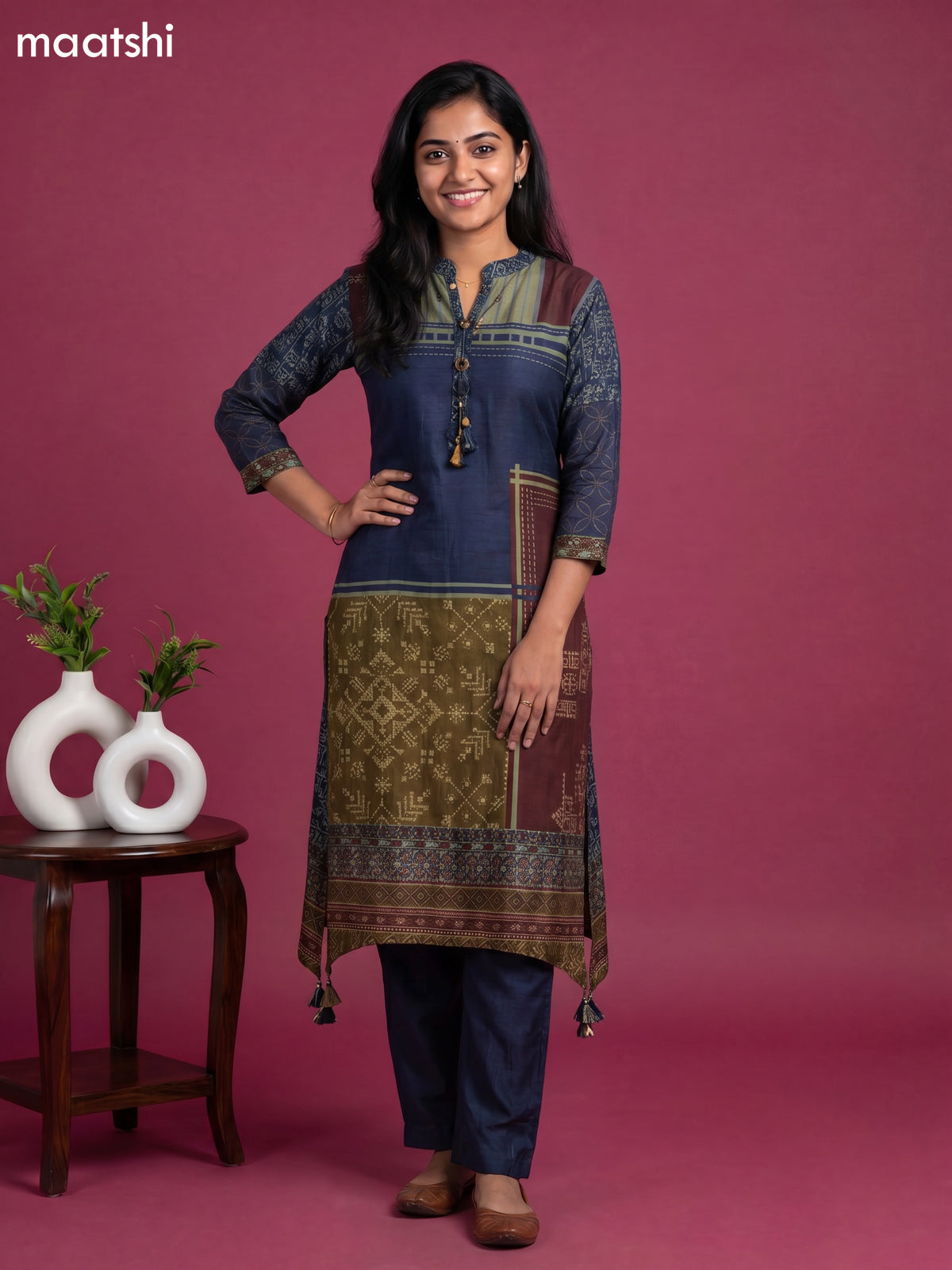 Peacock Blue Art Tussar Printed Fish Cut Kurti Set