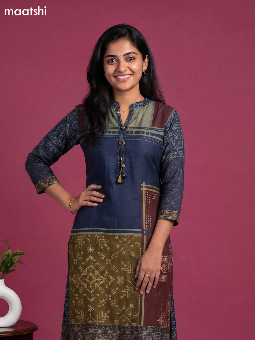 Peacock Blue Art Tussar Printed Fish Cut Kurti Set