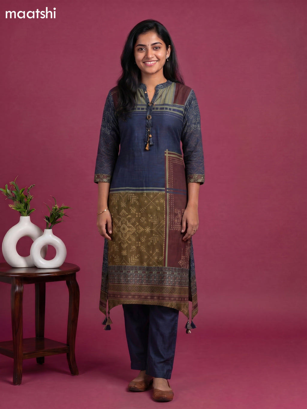 Peacock Blue Art Tussar Printed Fish Cut Kurti Set