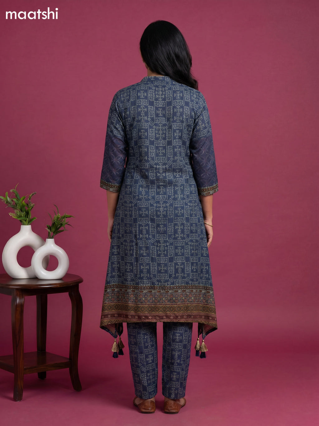 Peacock Blue Art Tussar Printed Fish Cut Kurti Set