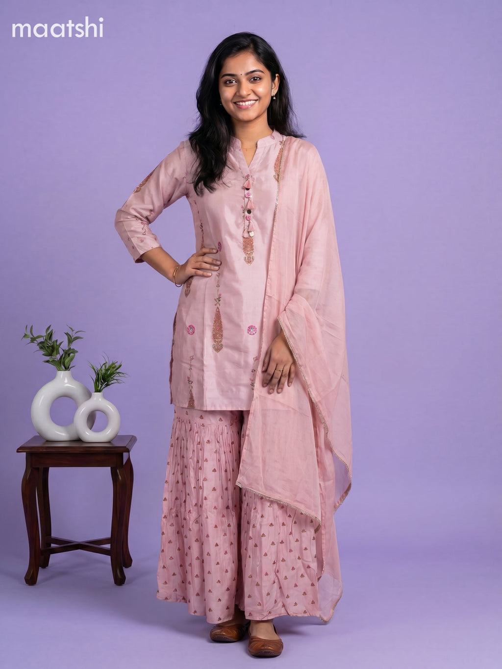 Pastel Pink Art Tussar Printed Straight Suit