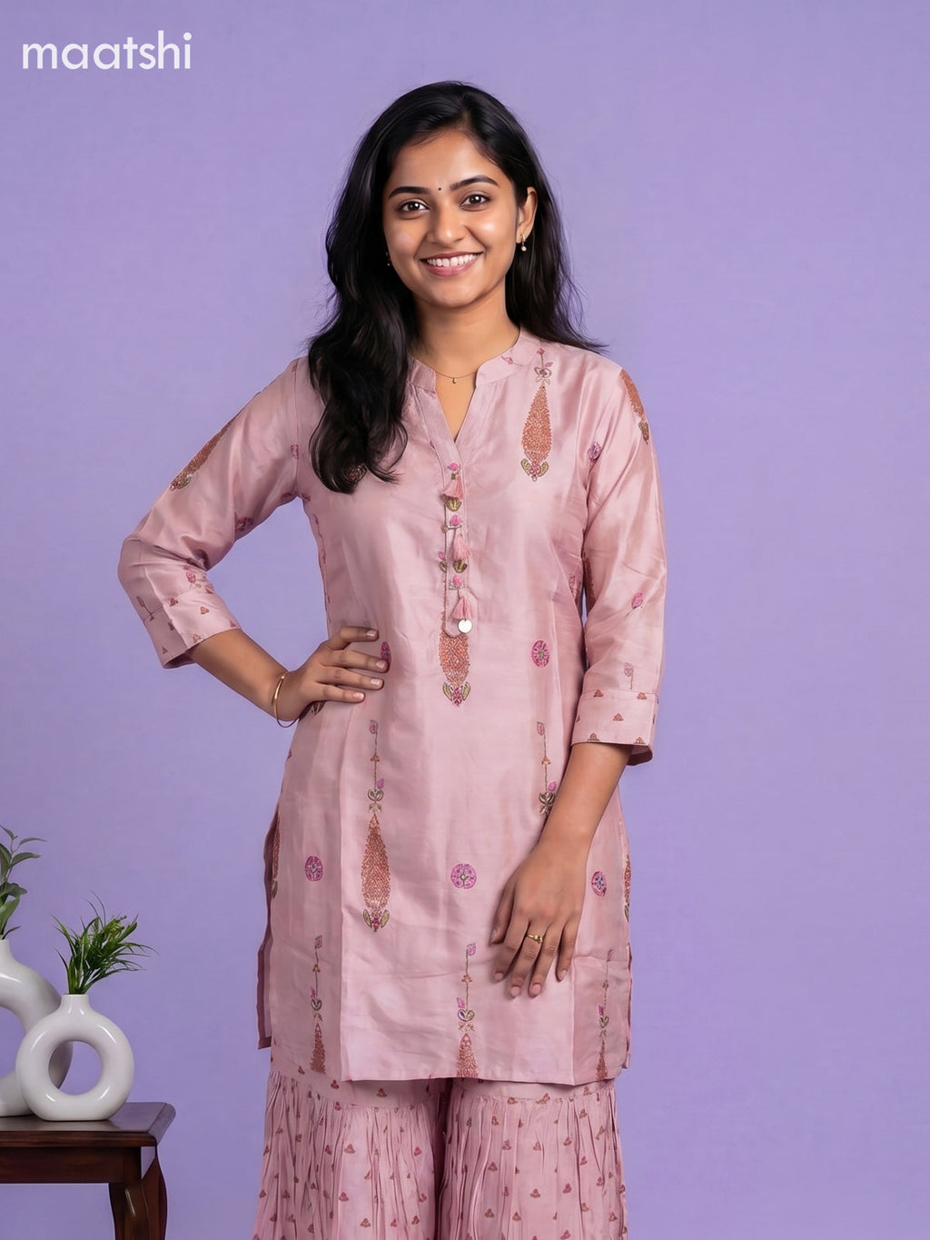 Pastel Pink Art Tussar Printed Straight Suit