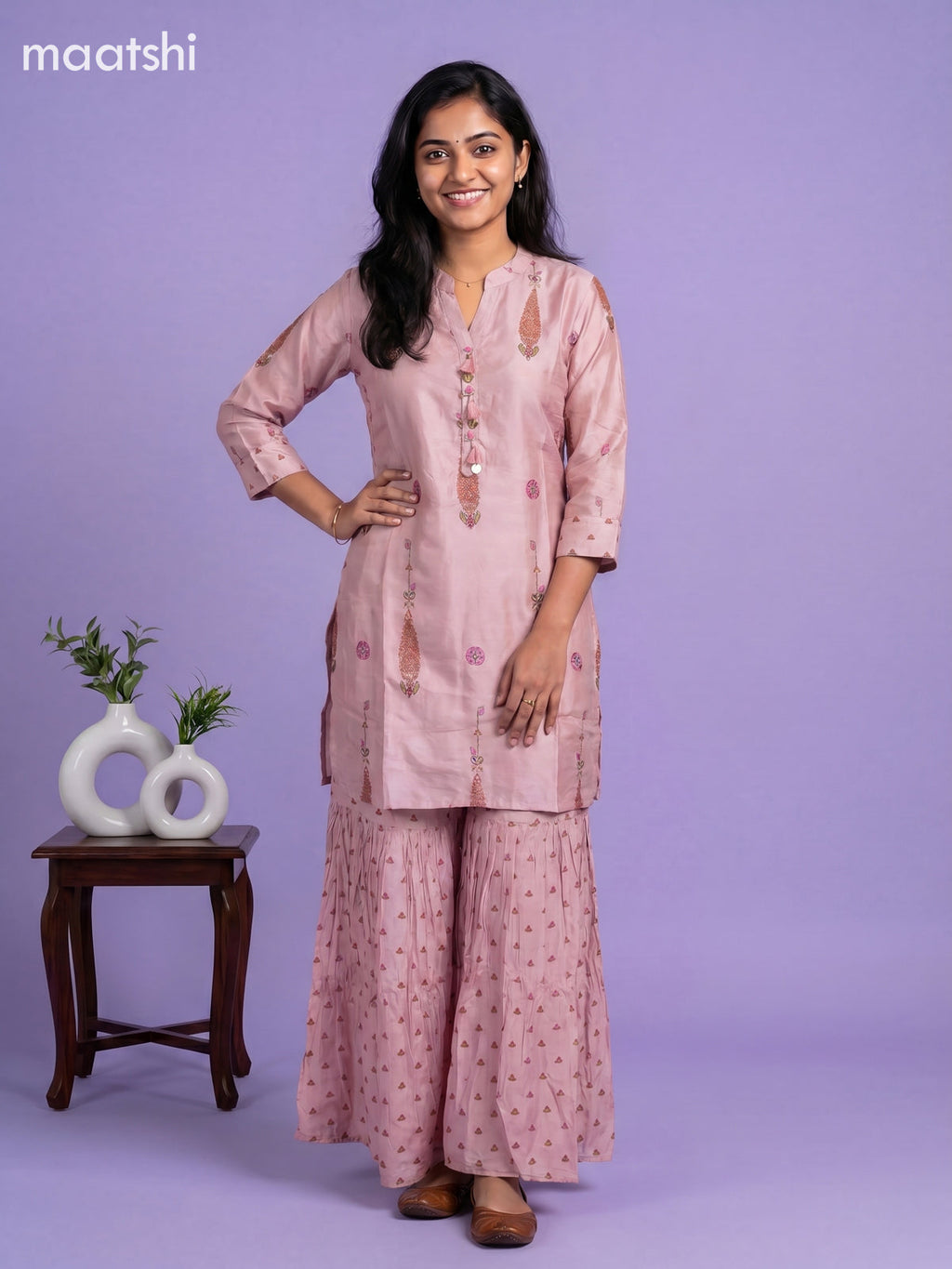 Pastel Pink Art Tussar Printed Straight Suit