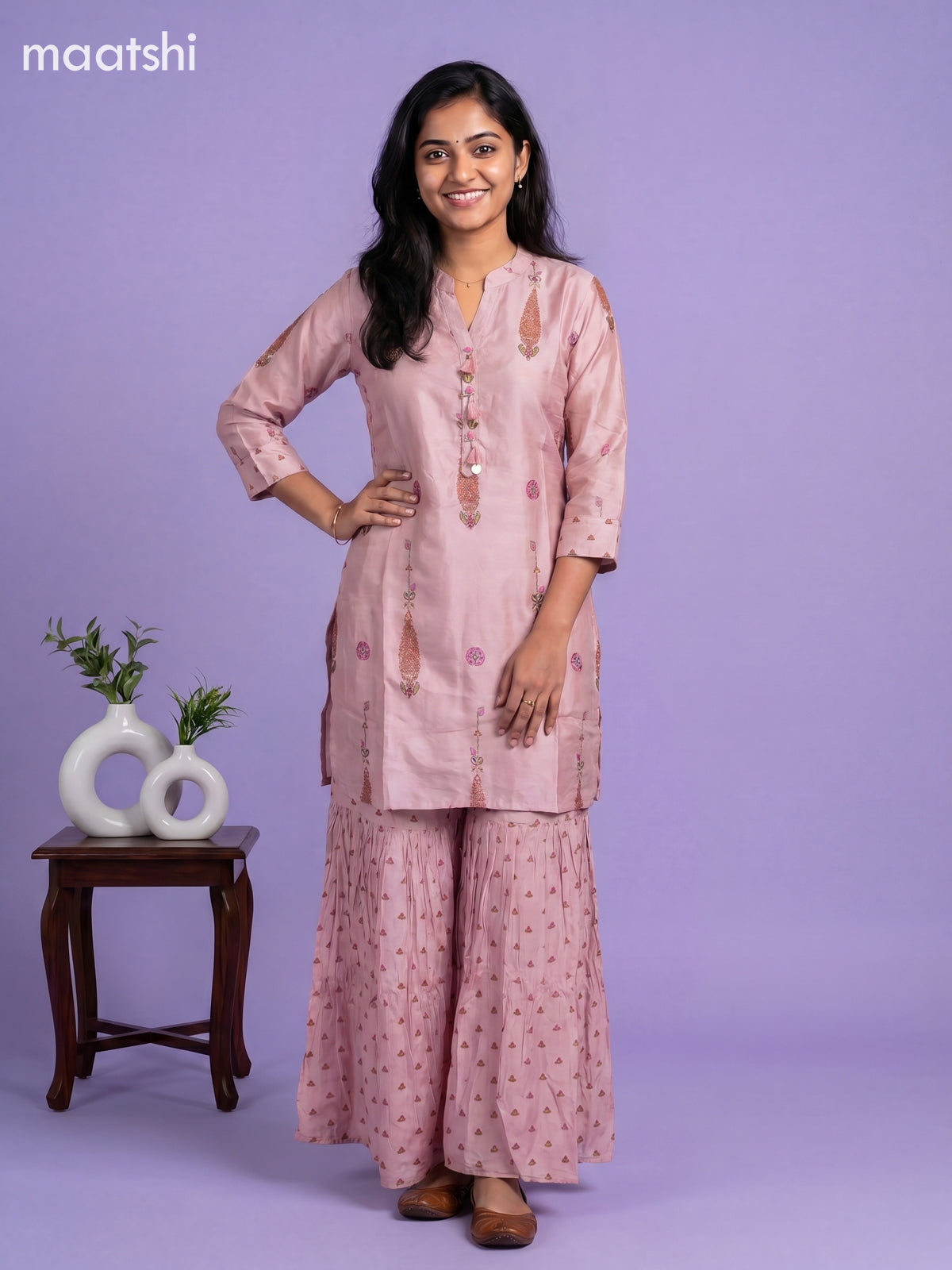 Pastel Pink Art Tussar Printed Straight Suit
