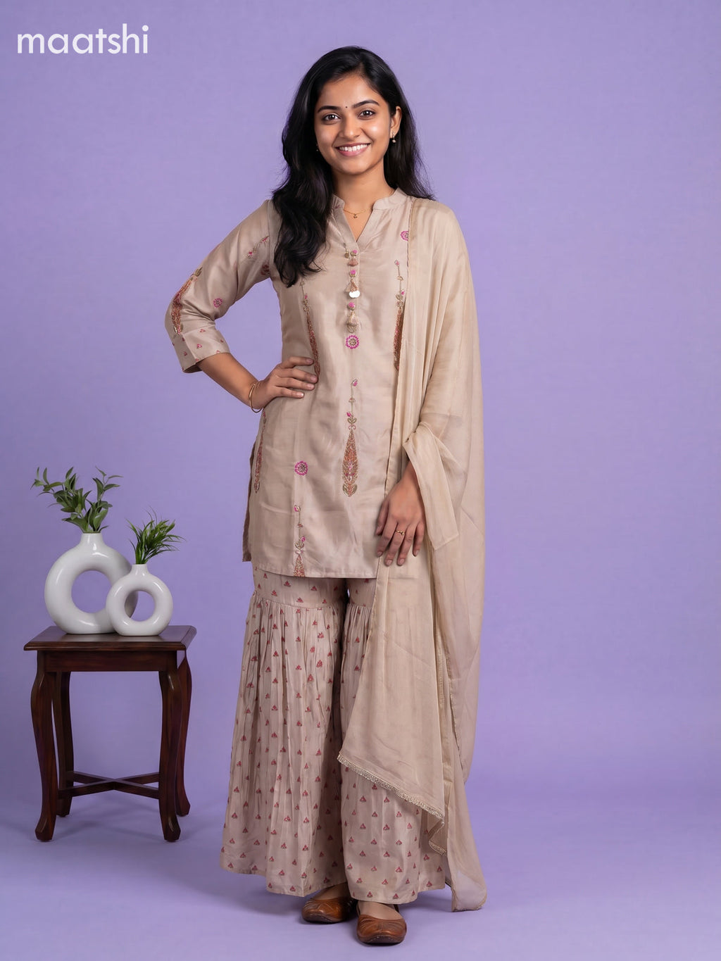Beige Art Tussar Printed Straight Suit