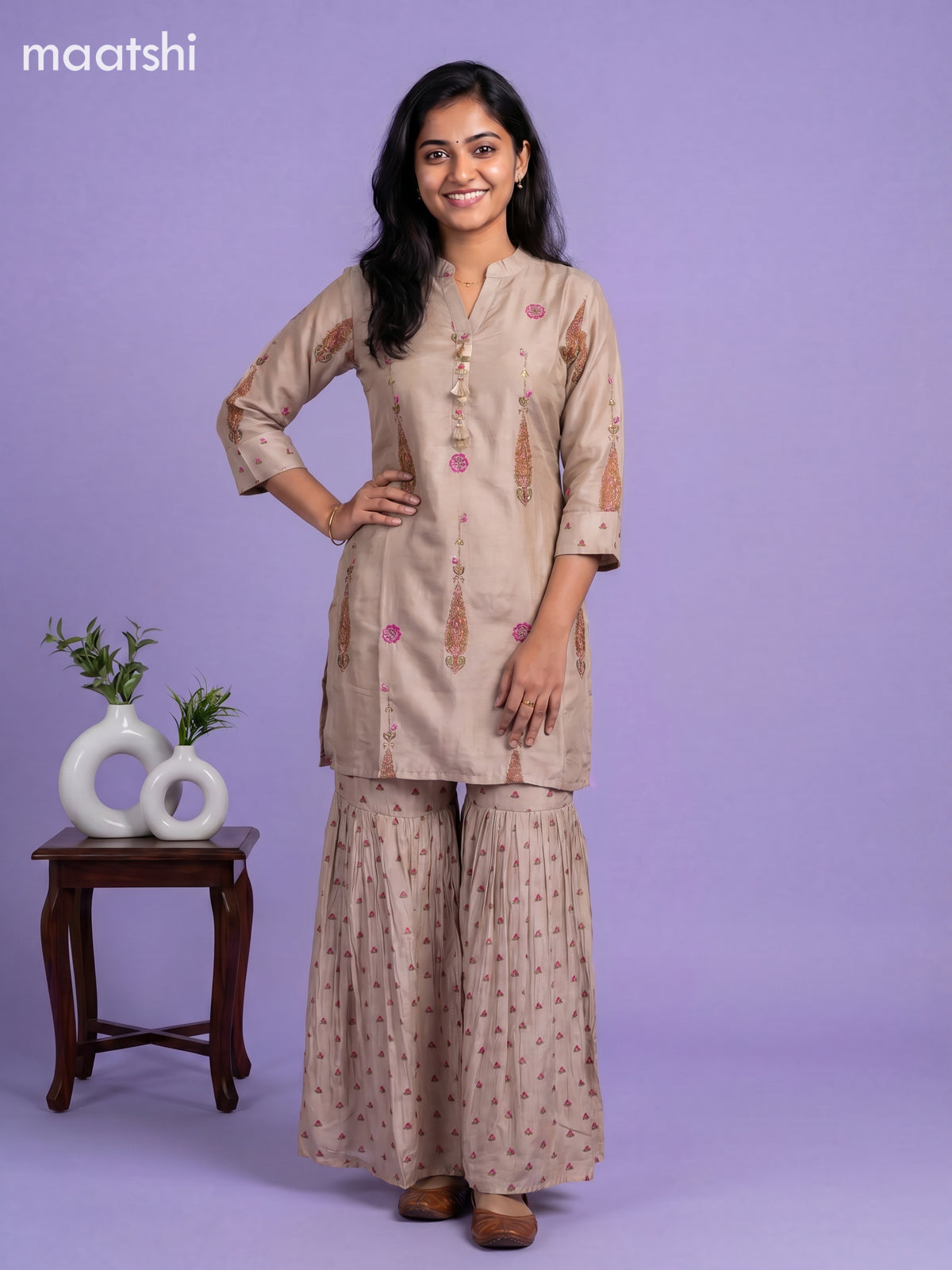 Beige Art Tussar Printed Straight Suit