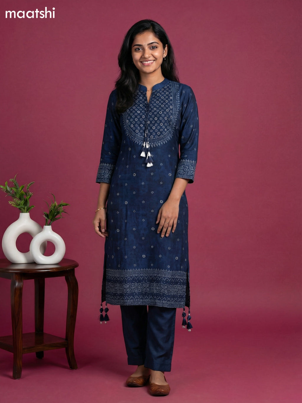 Peacock Blue Art Tussar Printed Fish Cut Kurti Set