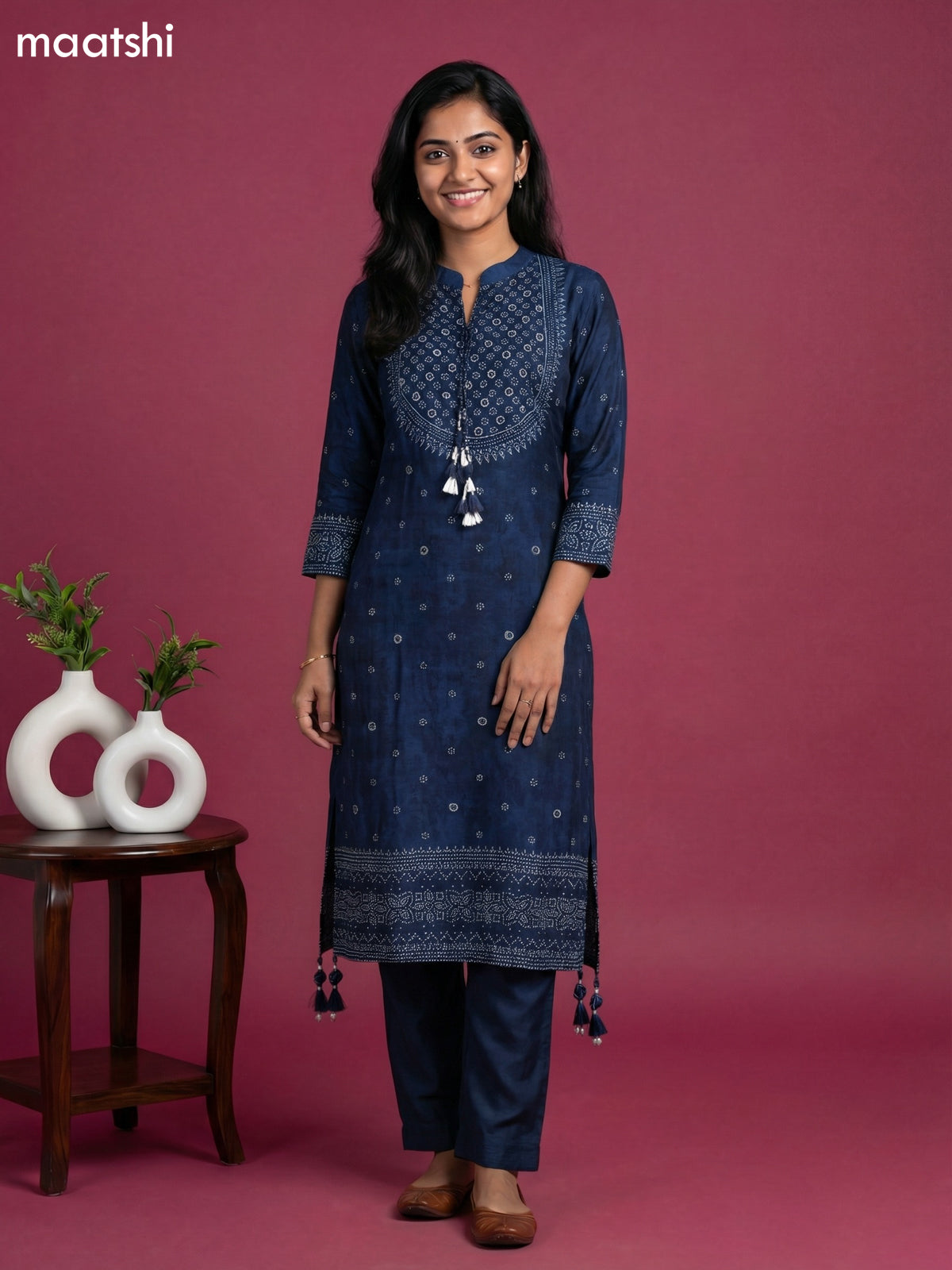 Peacock Blue Art Tussar Printed Fish Cut Kurti Set