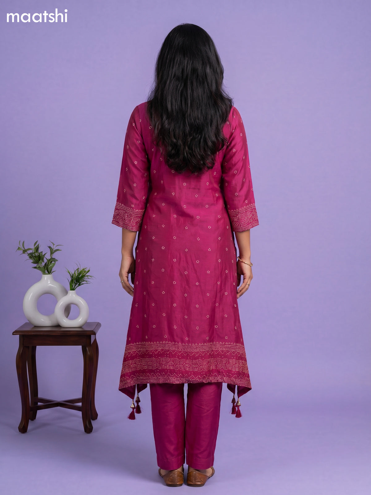 Magenta Pink Art Tussar Printed Fish Cut Kurti Set