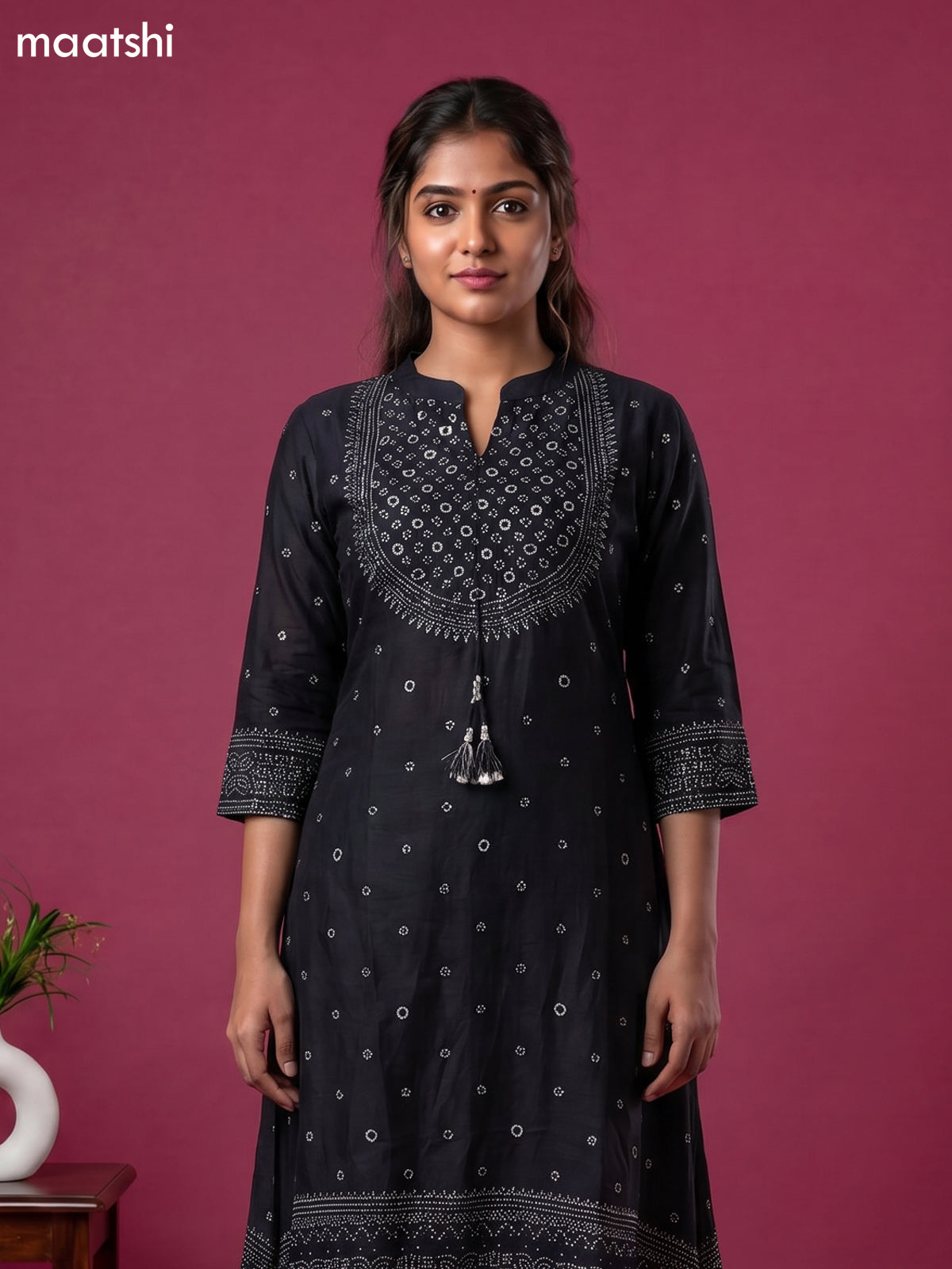 Black Art Tussar Printed Fish Cut Kurti Set