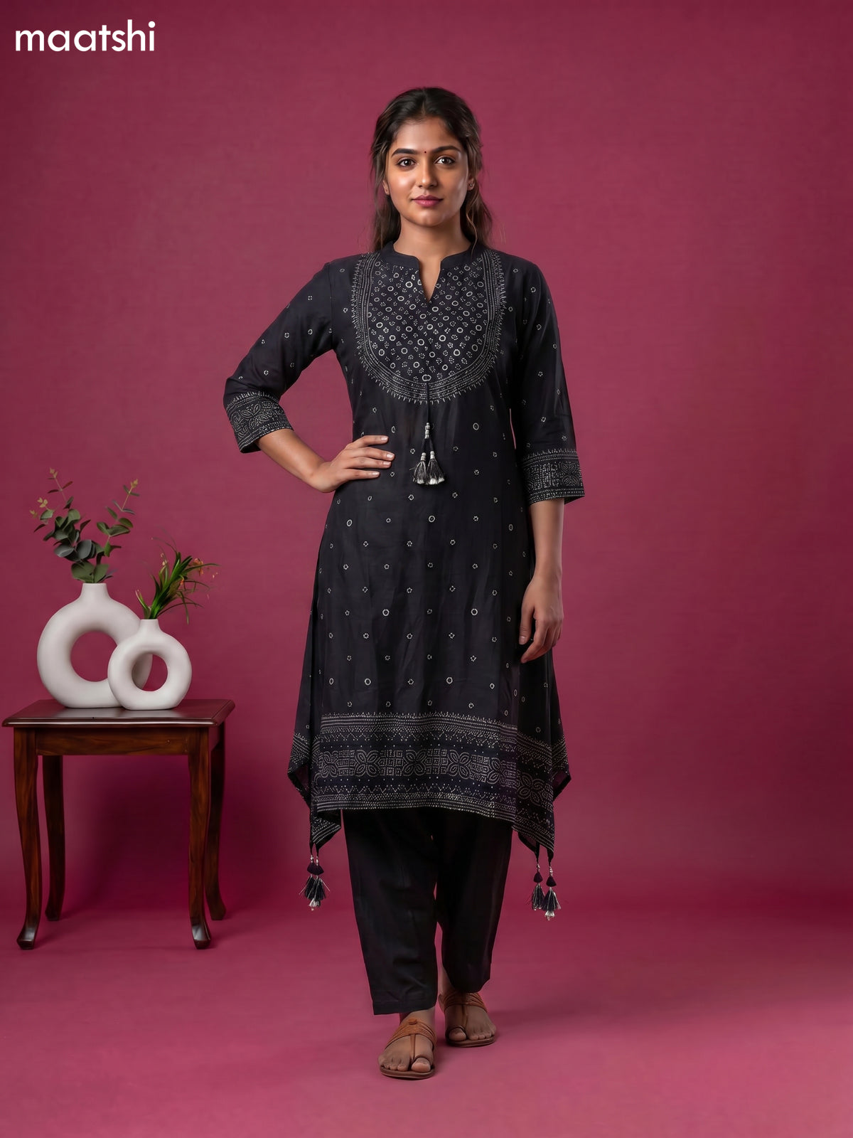 Black Art Tussar Printed Fish Cut Kurti Set