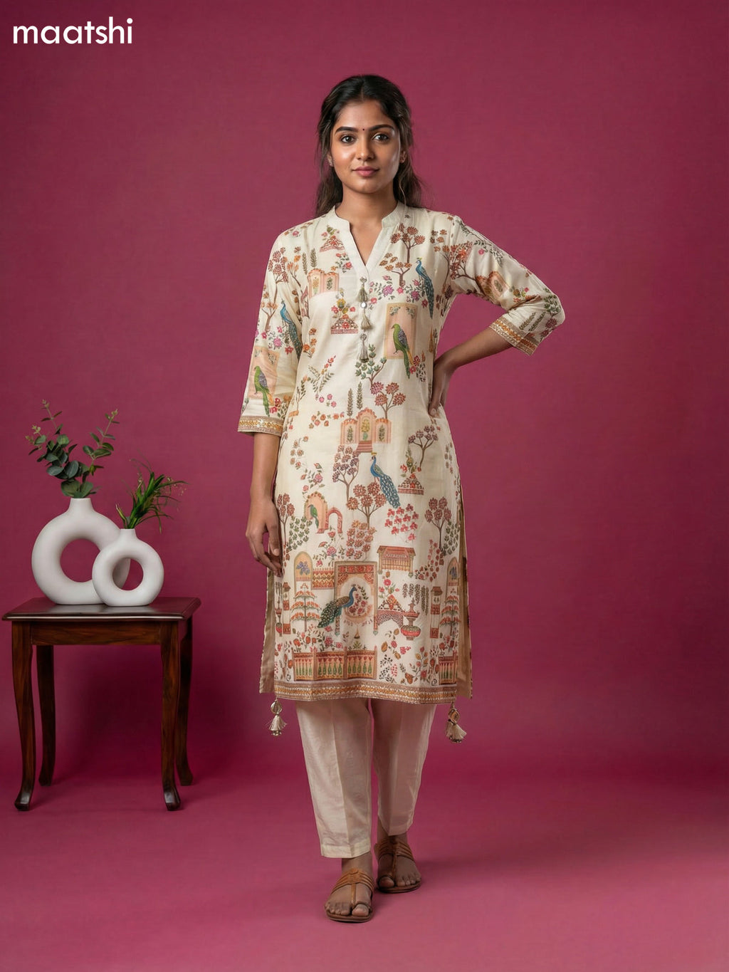 Cream Art Tussar Position Printed Fish Cut Kurti Set