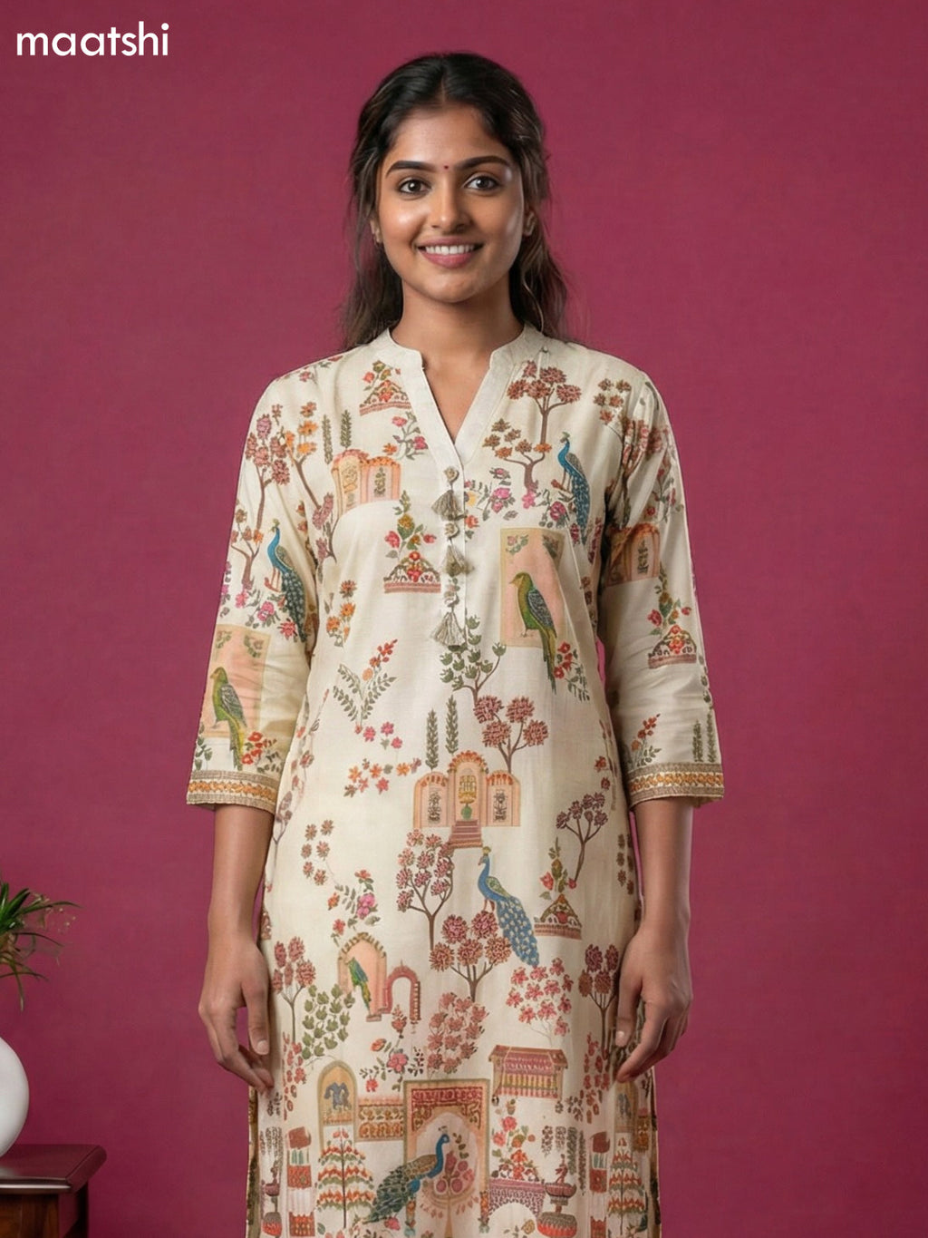 Cream Art Tussar Position Printed Fish Cut Kurti Set