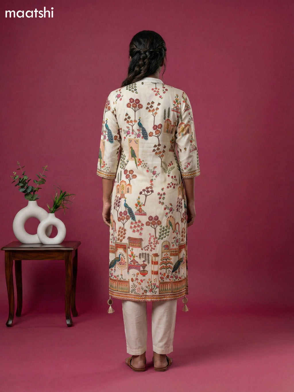 Cream Art Tussar Position Printed Fish Cut Kurti Set