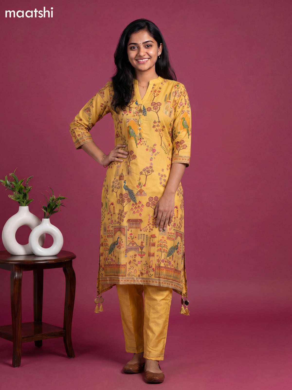 Yellow Art Tussar Position Printed Fish Cut Kurti Set