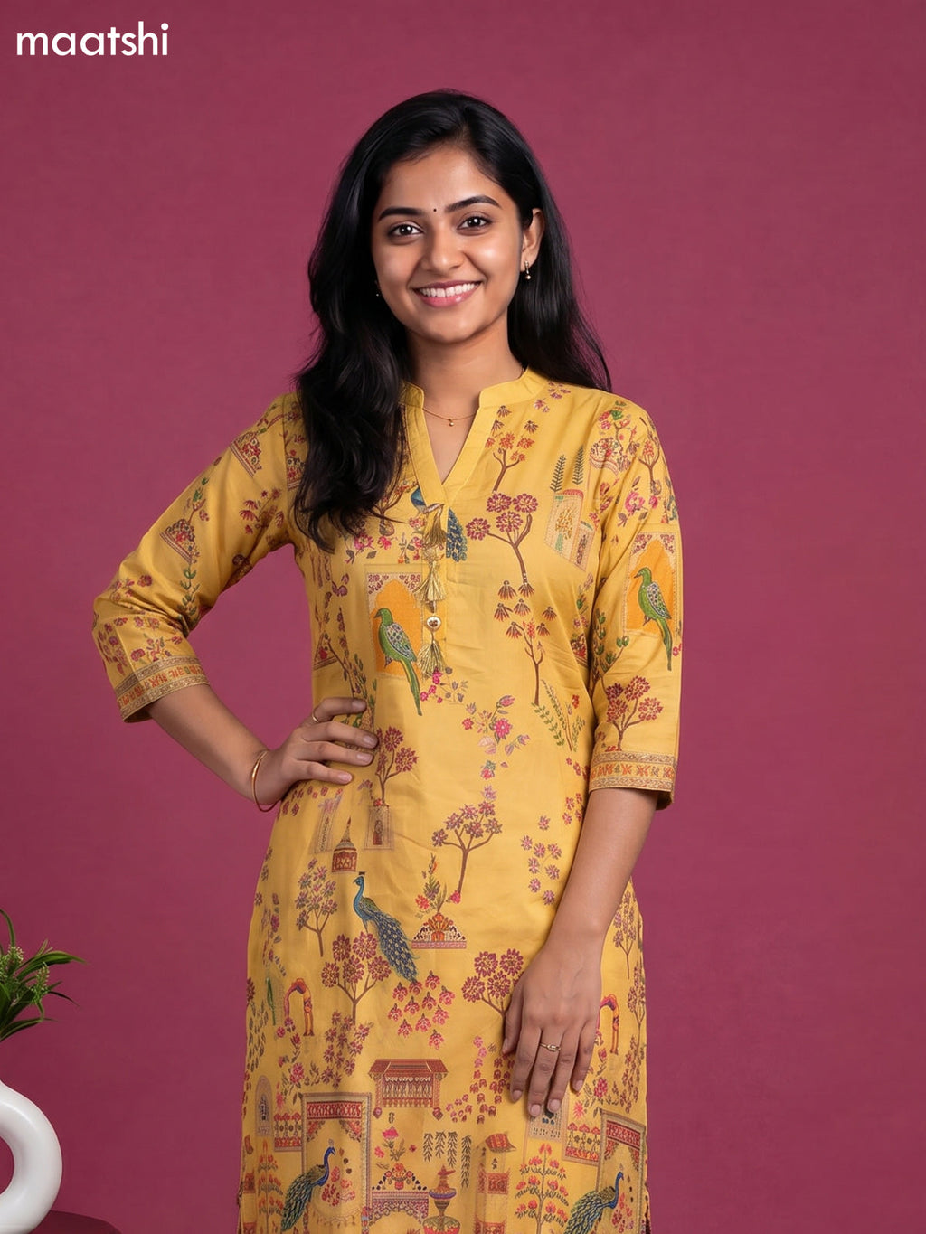 Yellow Art Tussar Position Printed Fish Cut Kurti Set