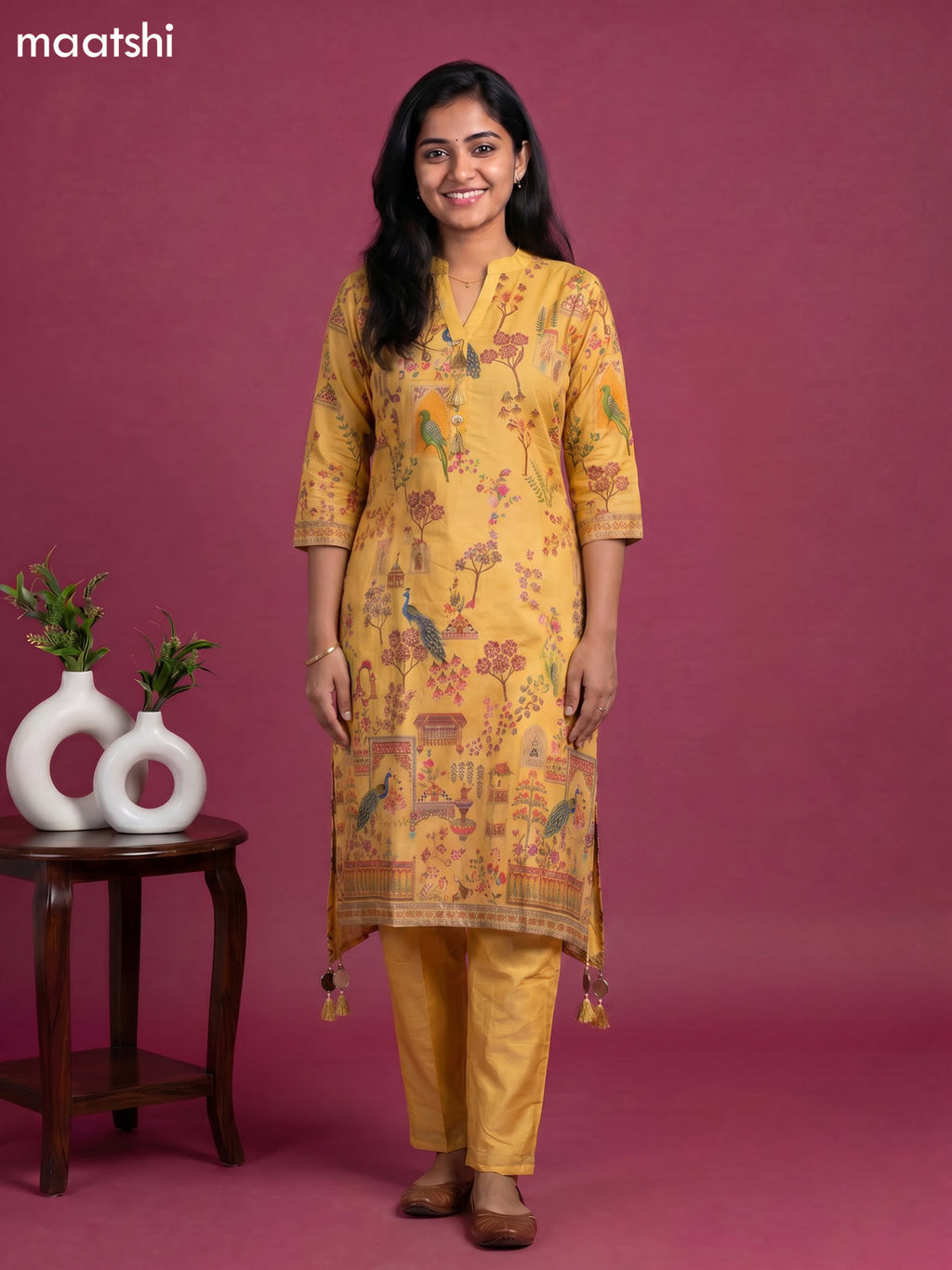 Yellow Art Tussar Position Printed Fish Cut Kurti Set