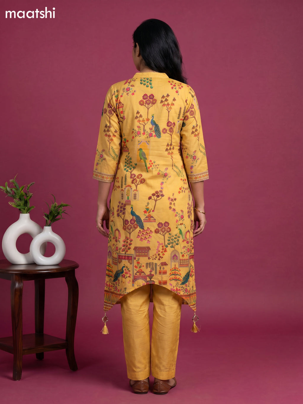 Yellow Art Tussar Position Printed Fish Cut Kurti Set