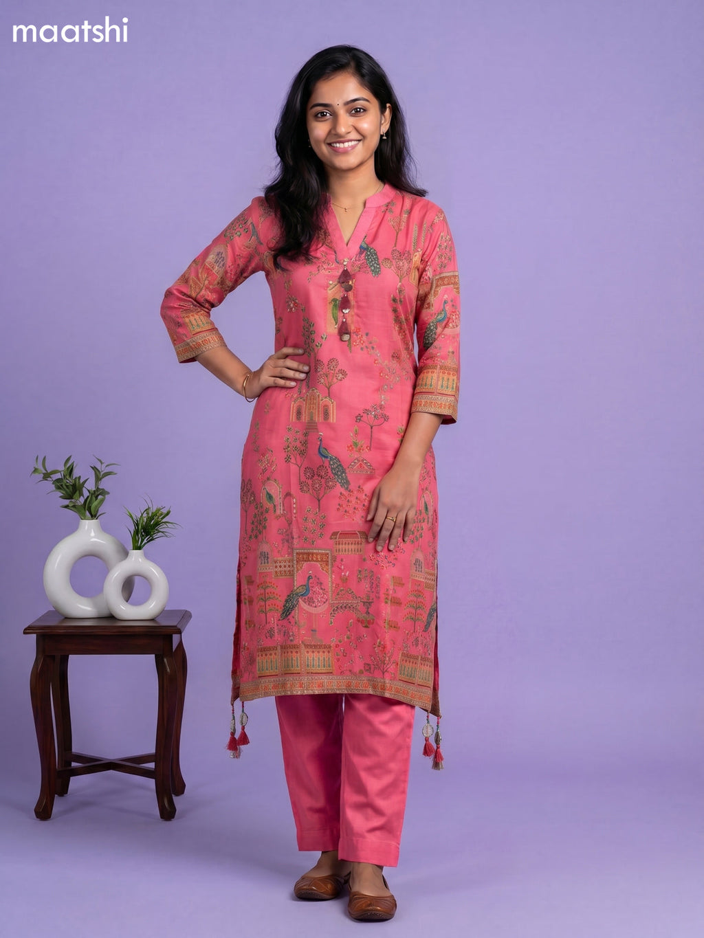 Peach Pink Art Tussar Position Printed Fish Cut Kurti Set