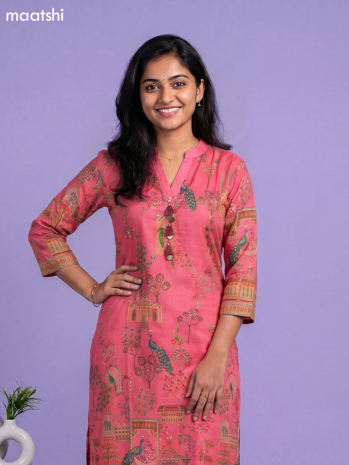 Peach Pink Art Tussar Position Printed Fish Cut Kurti Set
