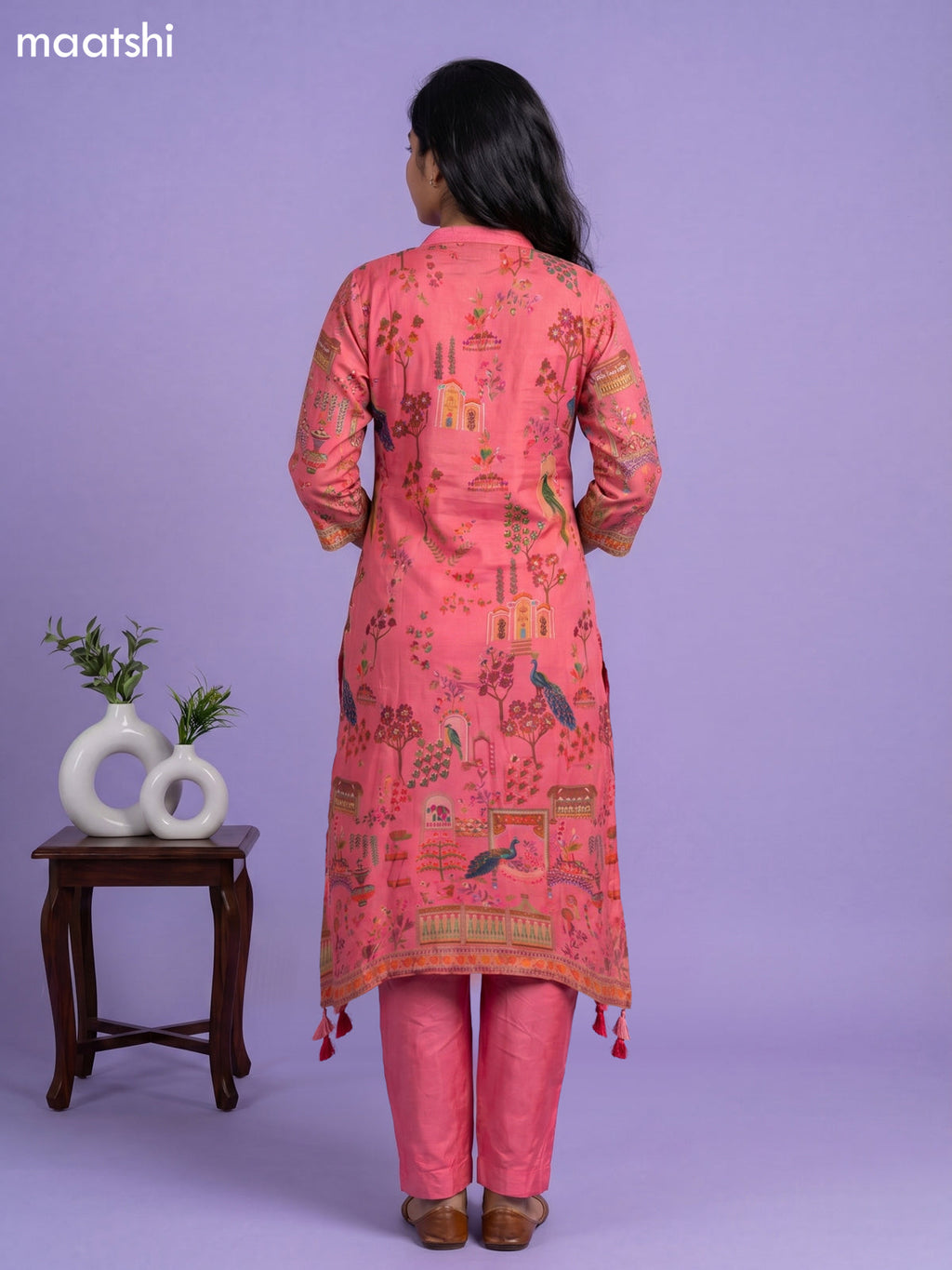 Peach Pink Art Tussar Position Printed Fish Cut Kurti Set
