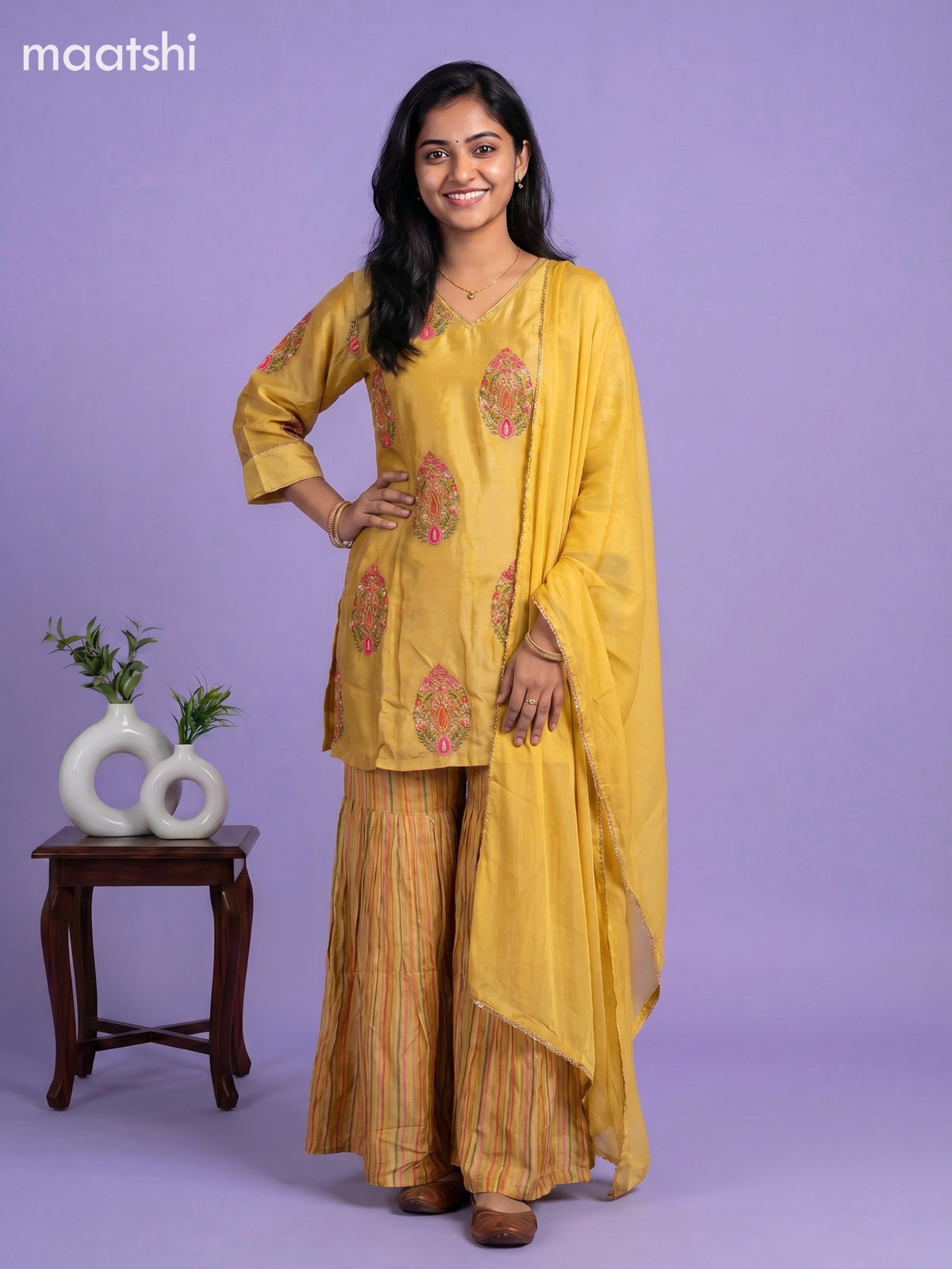 Mustard Yellow Art Tussar Printed Straight Suit