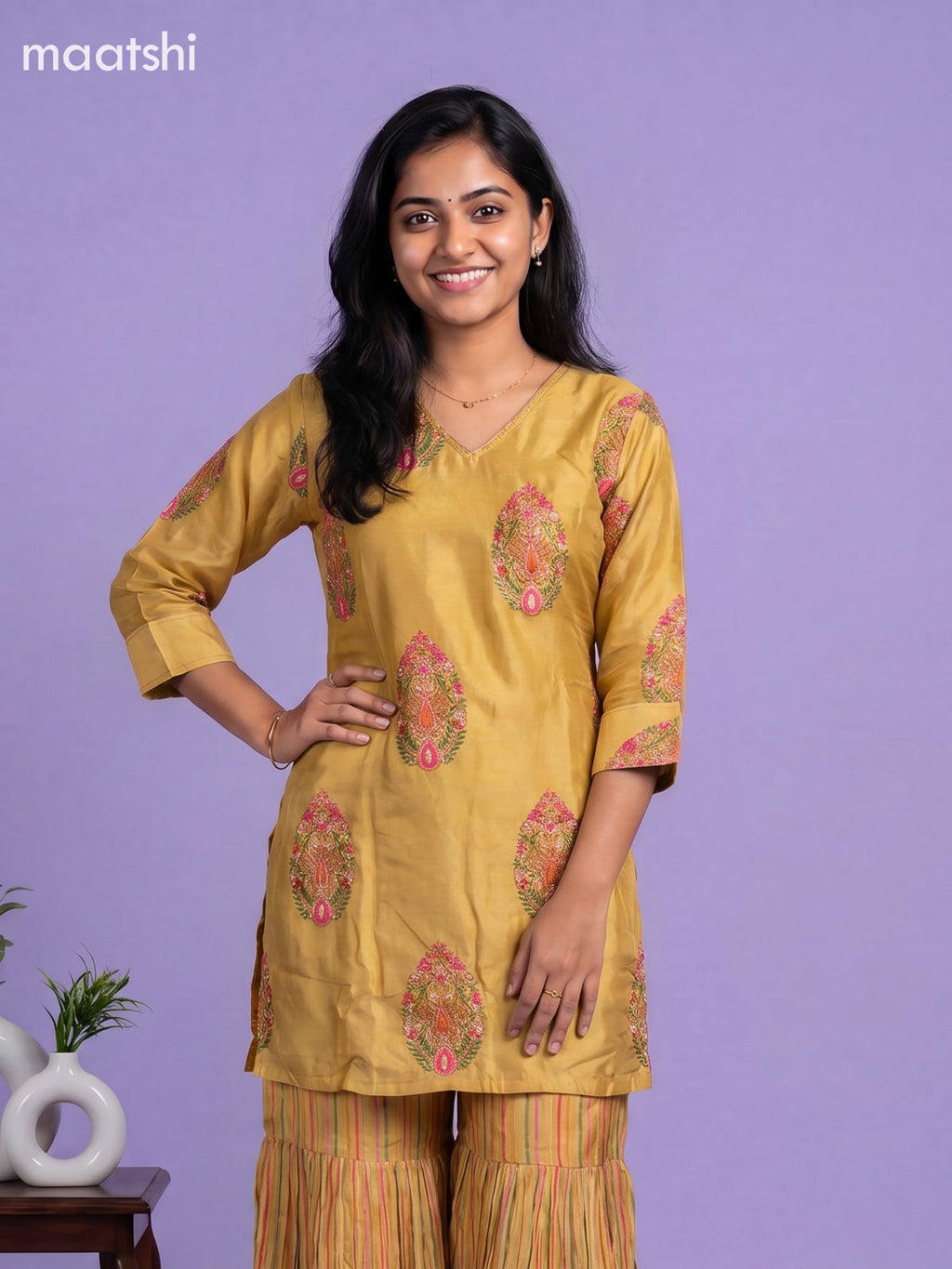 Mustard Yellow Art Tussar Printed Straight Suit