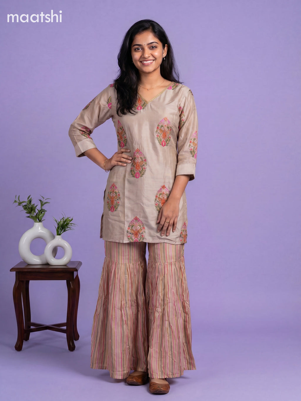 Beige Art Tussar Printed Straight Suit