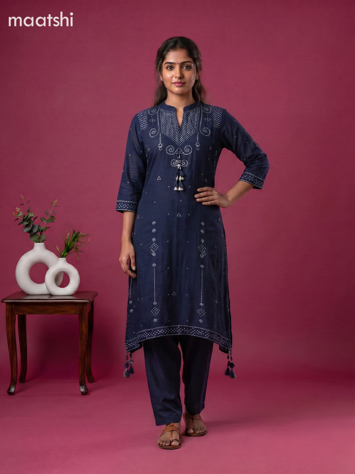 Navy Blue Art Tussar Bandhini Printed Fish Cut Kurti Set