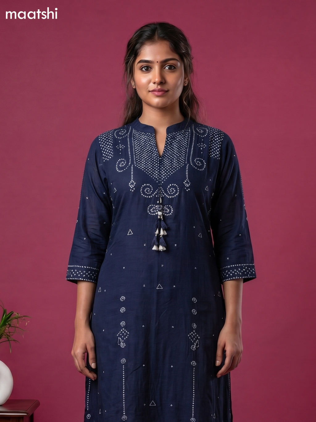 Navy Blue Art Tussar Bandhini Printed Fish Cut Kurti Set