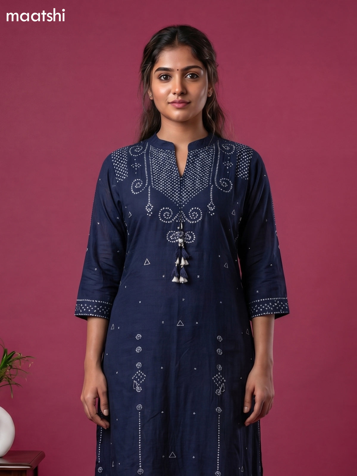 Navy Blue Art Tussar Bandhini Printed Fish Cut Kurti Set
