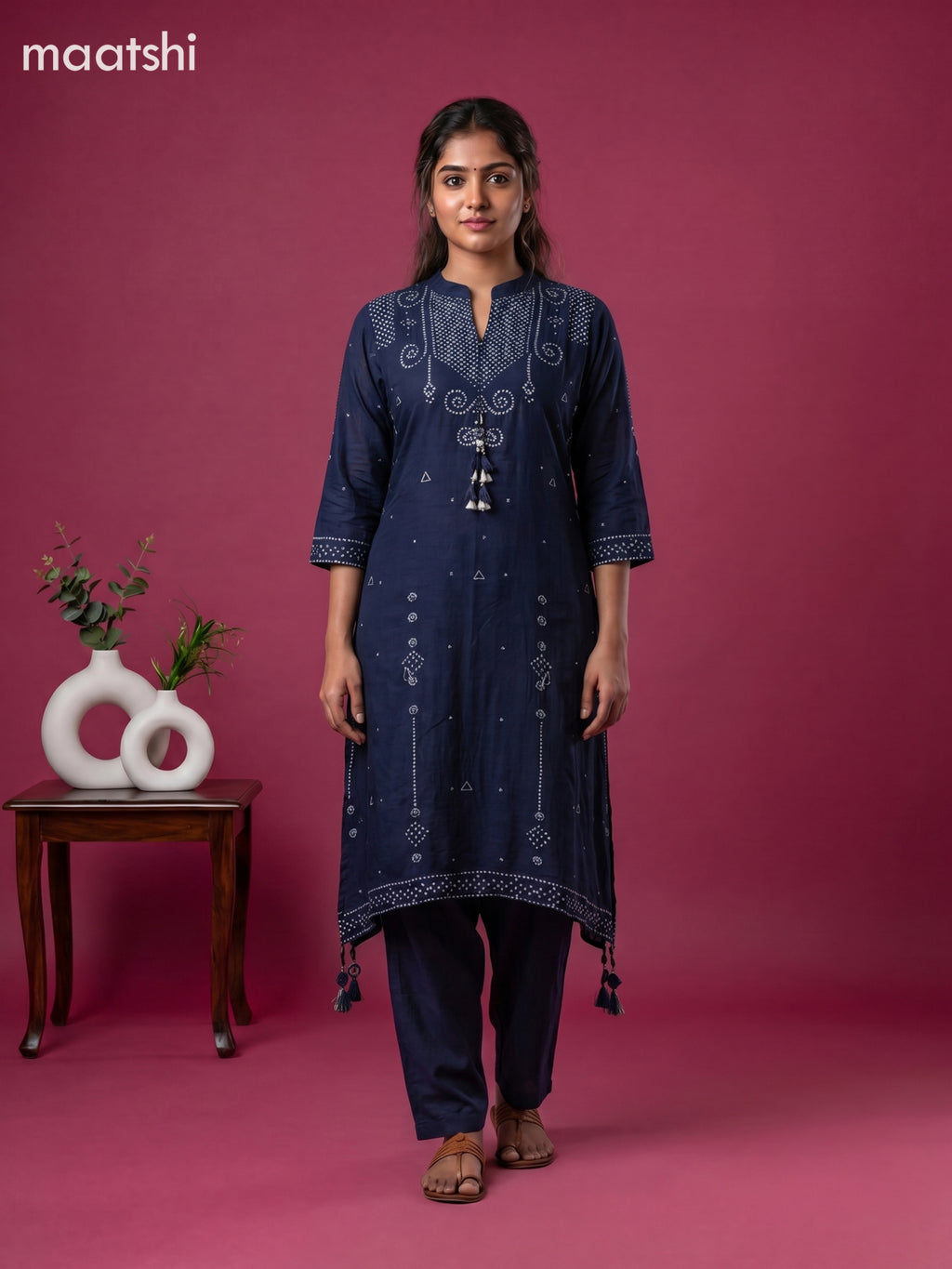 Navy Blue Art Tussar Bandhini Printed Fish Cut Kurti Set