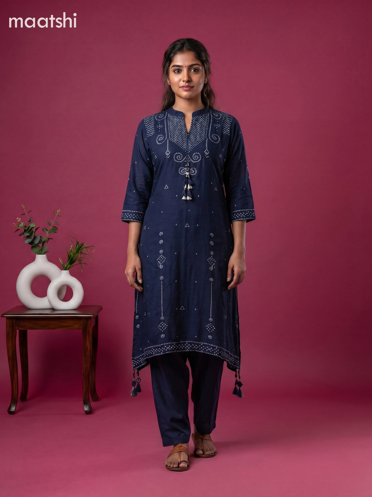 Navy Blue Art Tussar Bandhini Printed Fish Cut Kurti Set