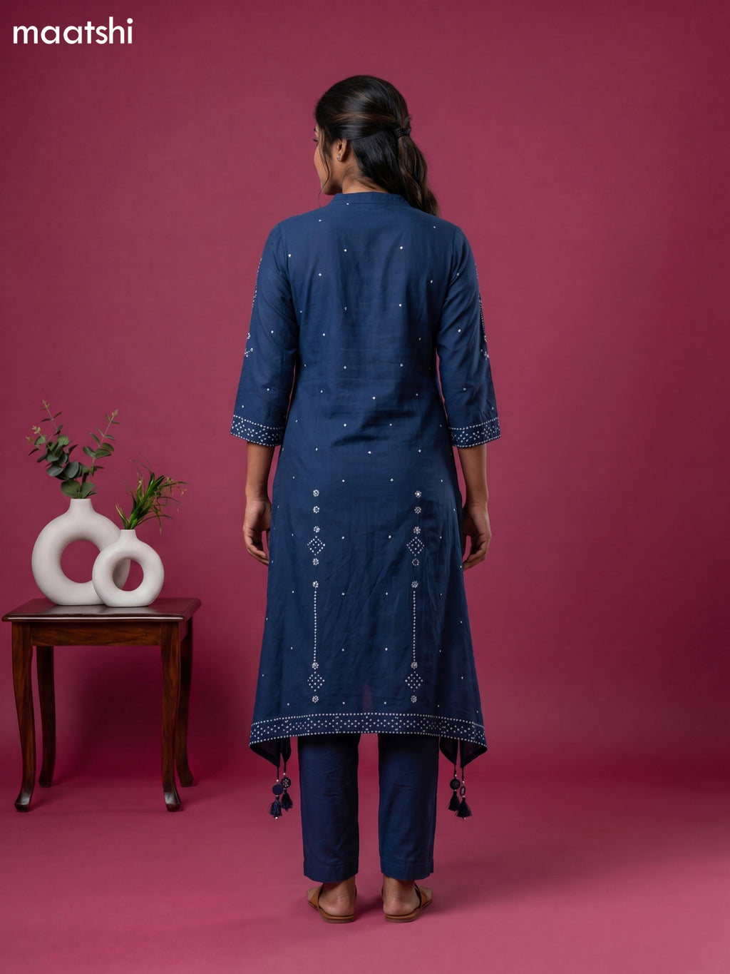 Navy Blue Art Tussar Bandhini Printed Fish Cut Kurti Set