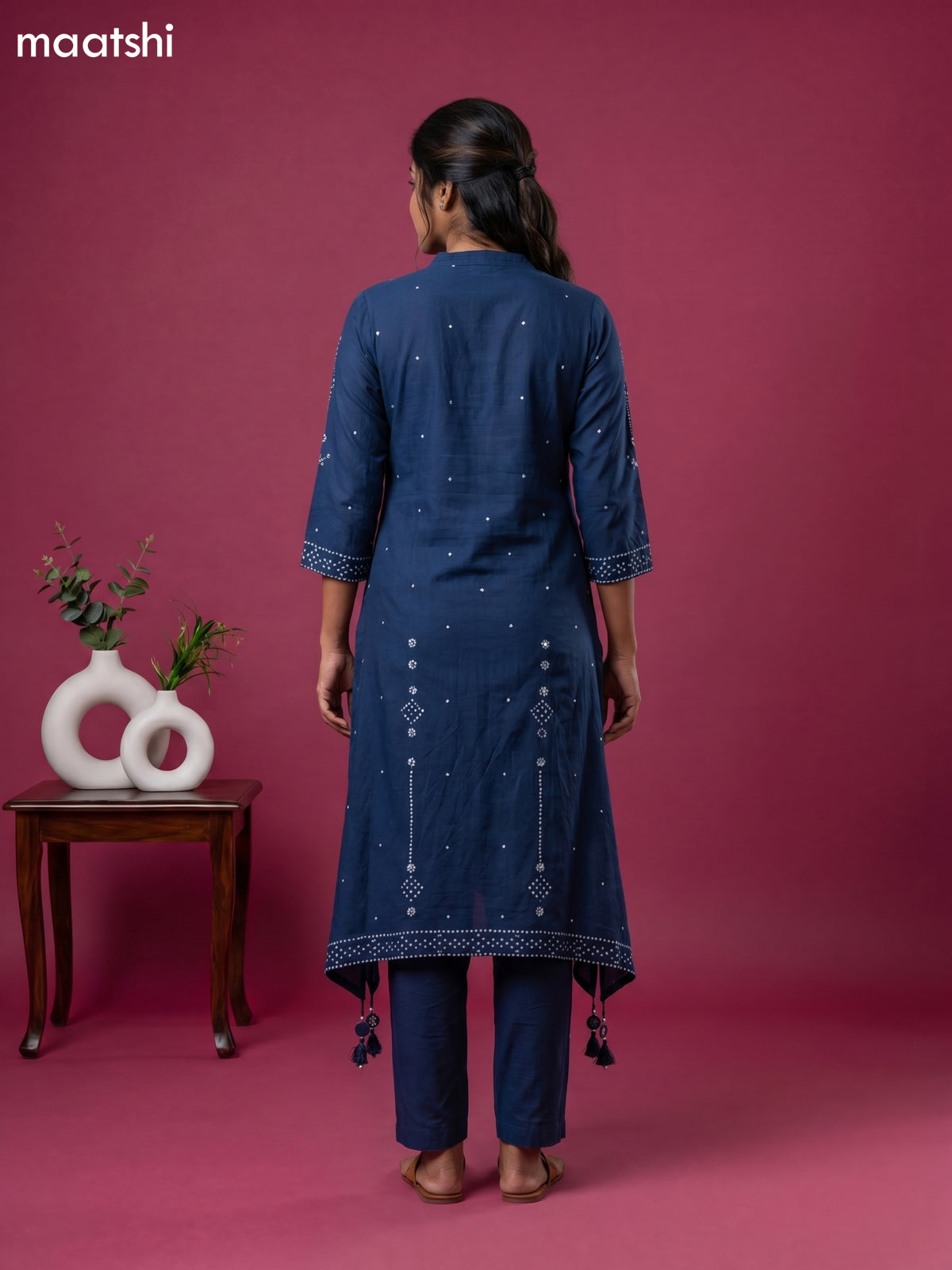 Navy Blue Art Tussar Bandhini Printed Fish Cut Kurti Set