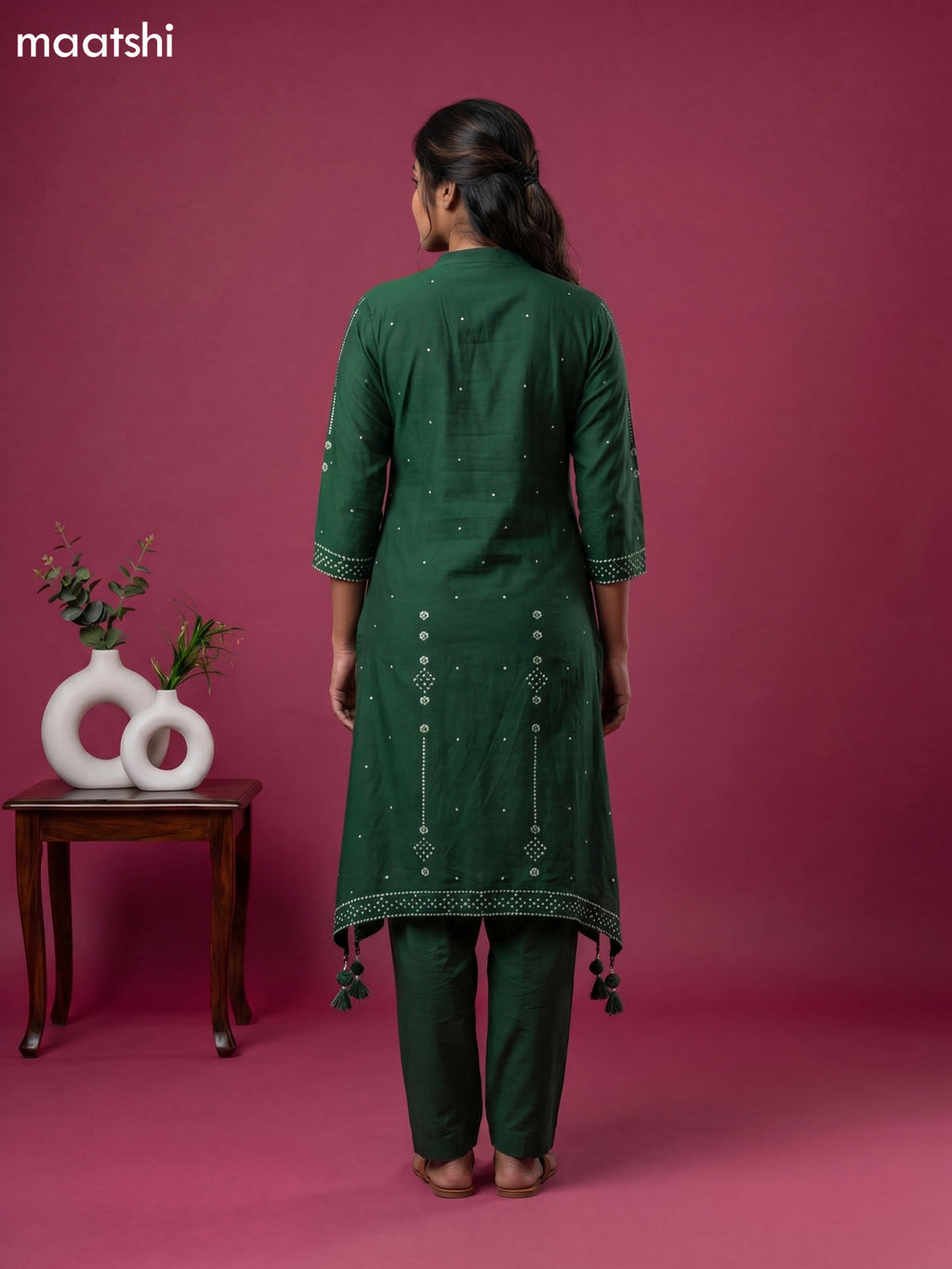 Green Art Tussar Bandhini Printed Fish Cut Kurti Set