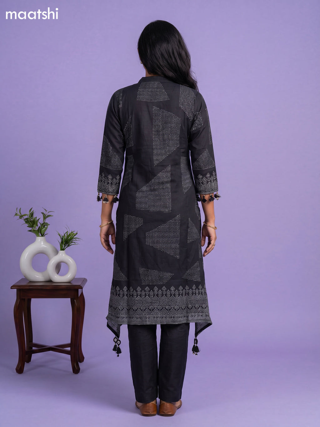Black Art Tussar Printed Fish Cut Kurti Set