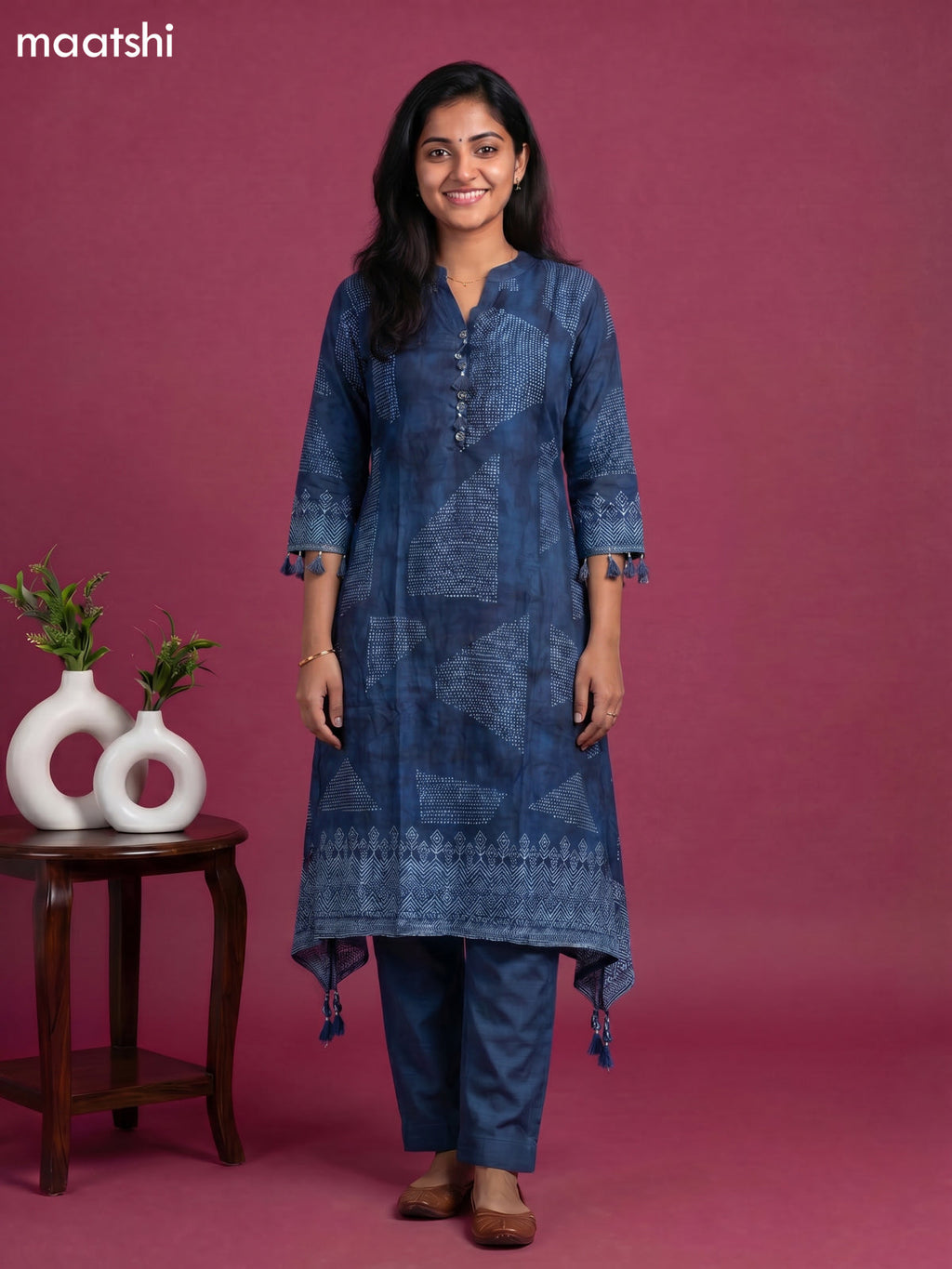 Peacock Blue Art Tussar Printed Fish Cut Kurti Set