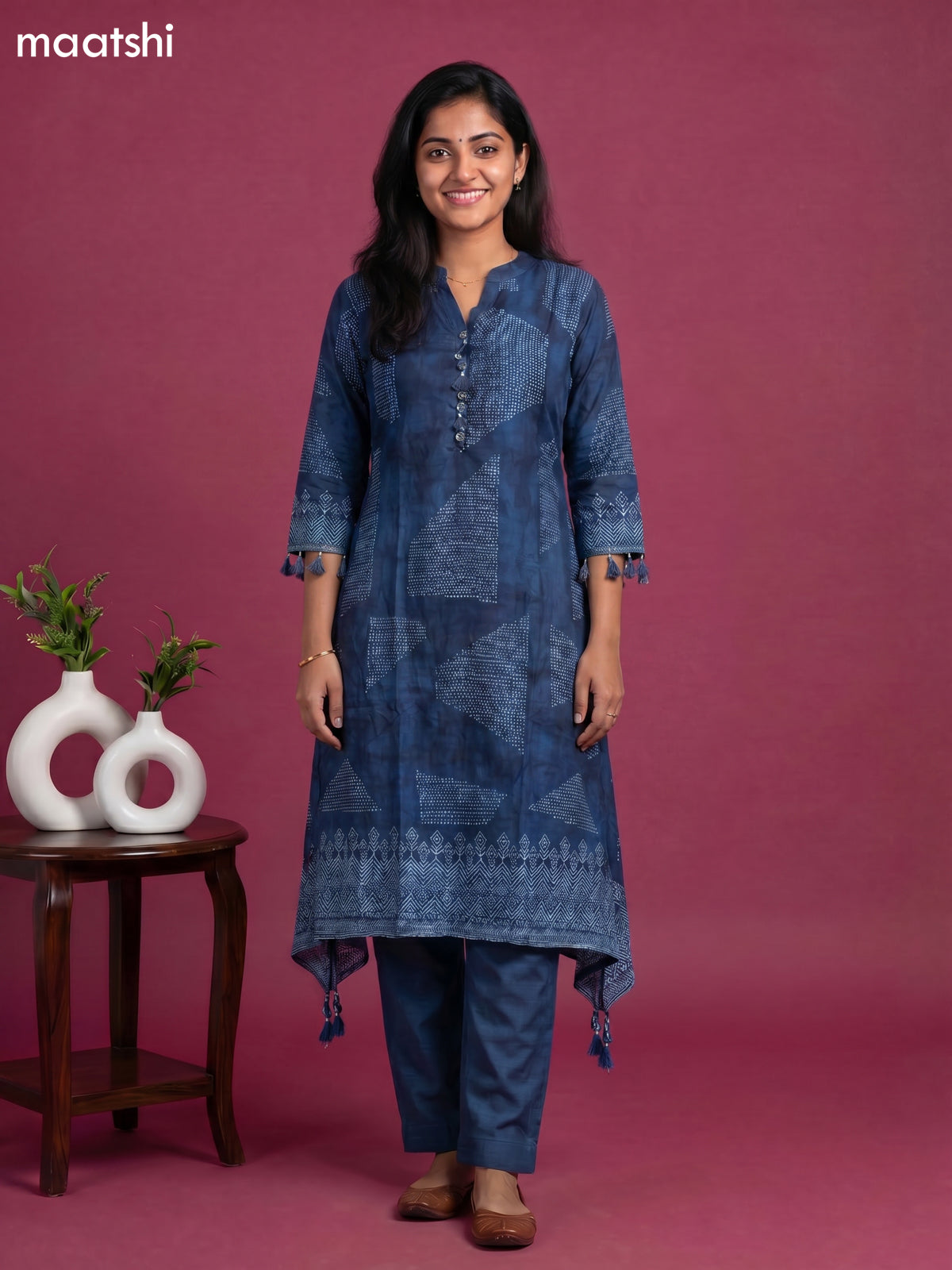 Peacock Blue Art Tussar Printed Fish Cut Kurti Set