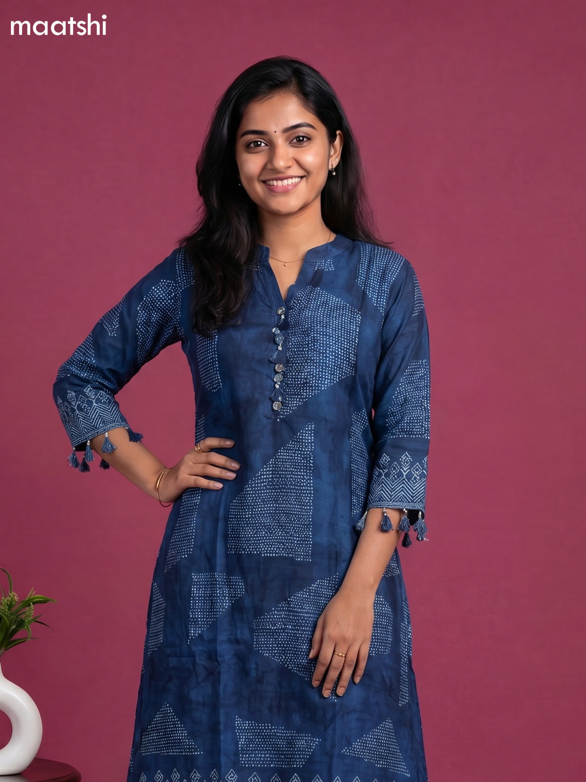 Peacock Blue Art Tussar Printed Fish Cut Kurti Set