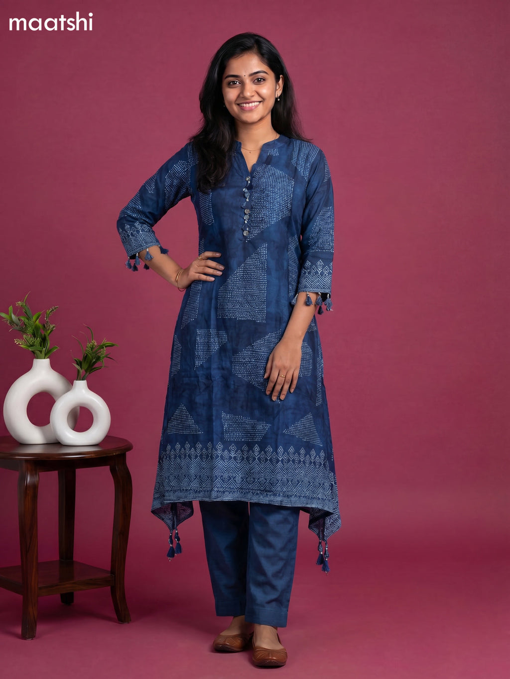 Peacock Blue Art Tussar Printed Fish Cut Kurti Set