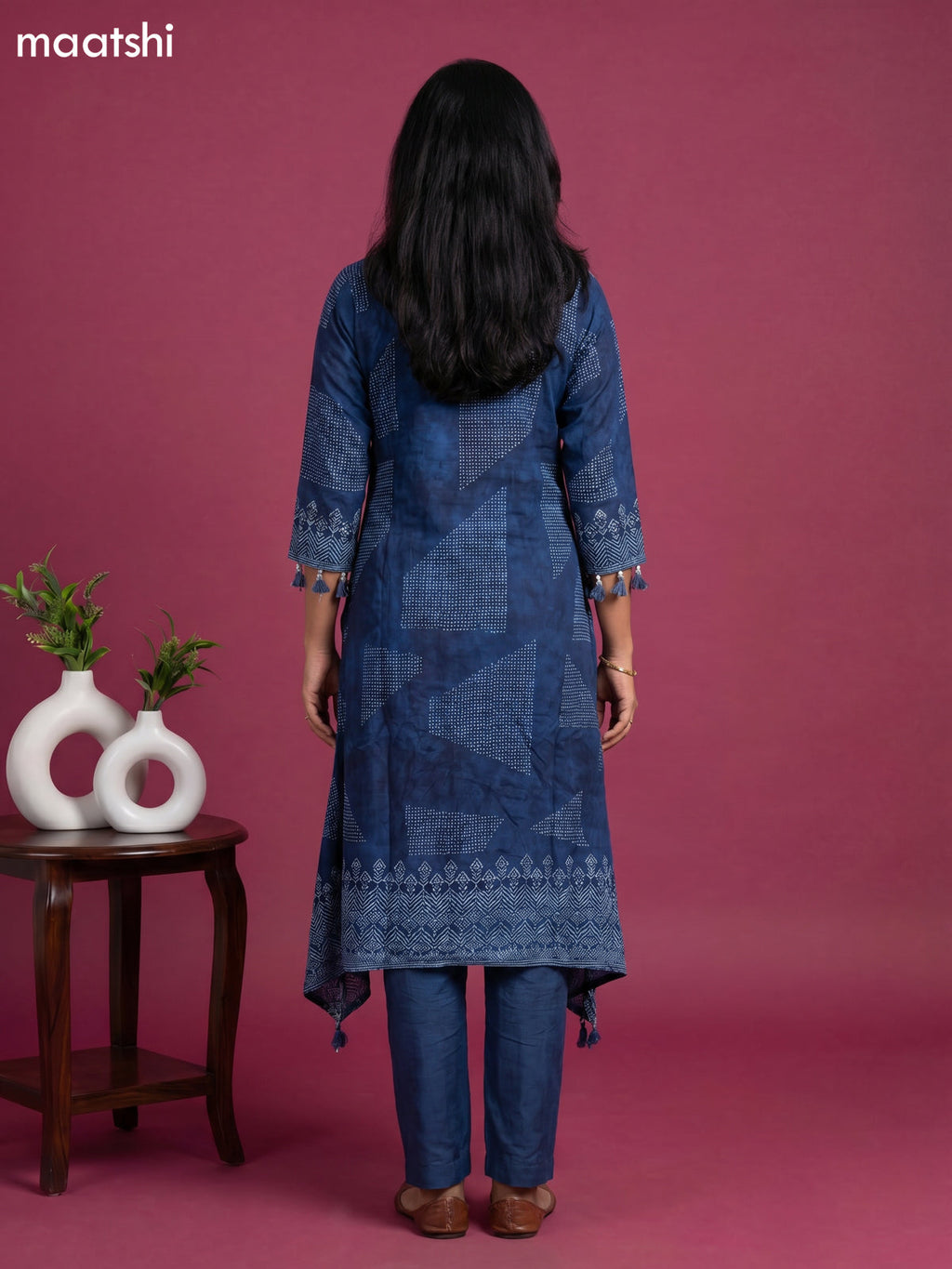 Peacock Blue Art Tussar Printed Fish Cut Kurti Set