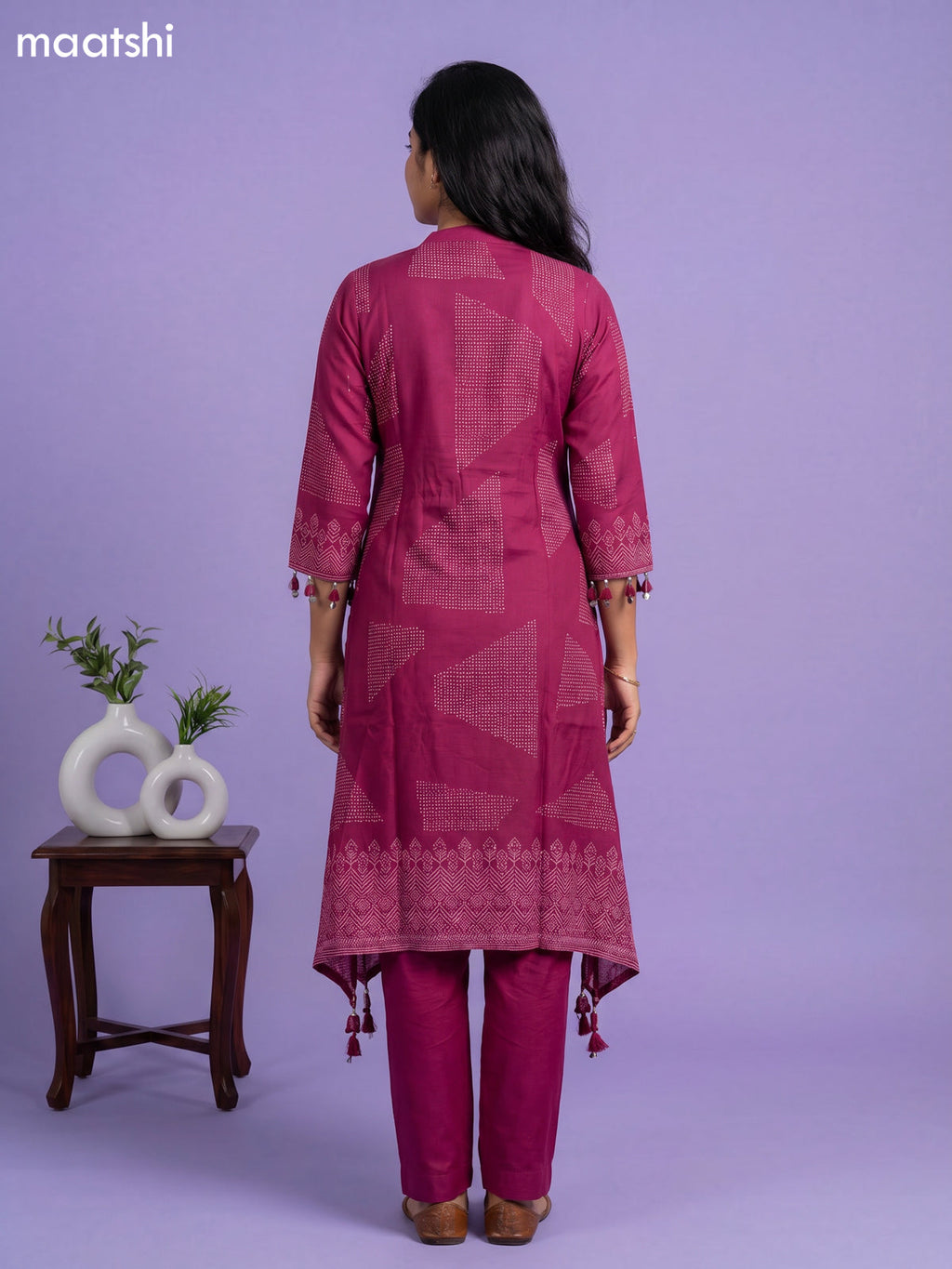 Magenta Pink Art Tussar Printed Fish Cut Kurti Set